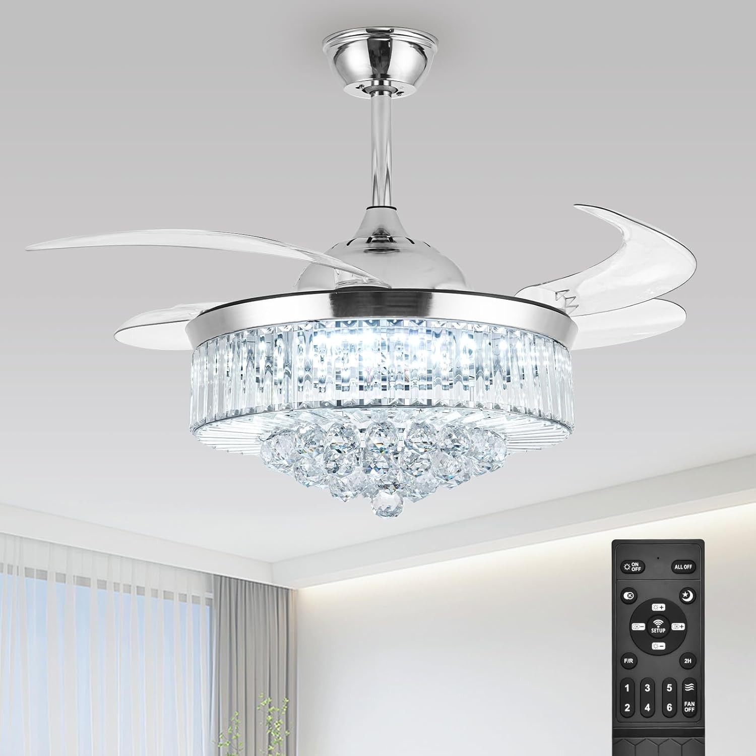 42'' Fandelier Ceiling Fans with Light, Silver Retractable Crystal Chandelier Fan, Reversible, Remote Control, Dimmable Ceiling Light Kits for Dining Living Room, Bedroom