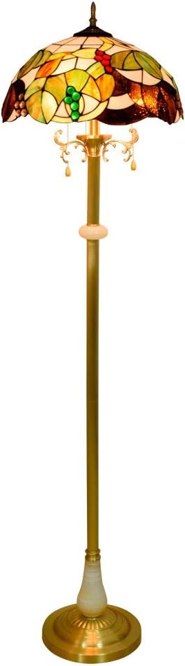 16-Inch Tiffany-Style European Brown Grapes Glass Floor Lamp Pure Copper Vertical Readlamp for Study Bedroom Room Decoration
