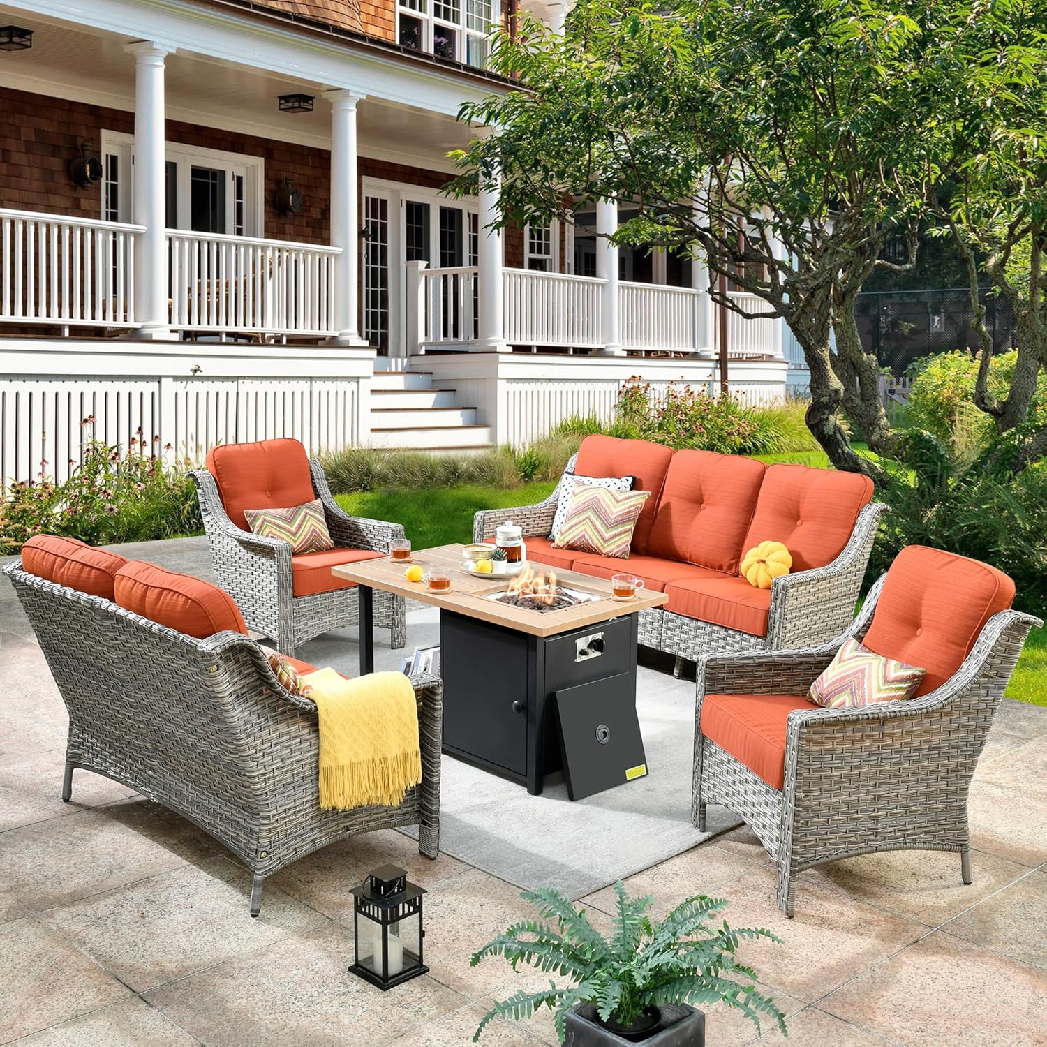 HOOOWOOO 5 Piece Patio Set with Fire Pit Table, Outdoor Wicker Furniture, All Weather Resistant High Back Rattan Outside Furniture (Orange Red)
