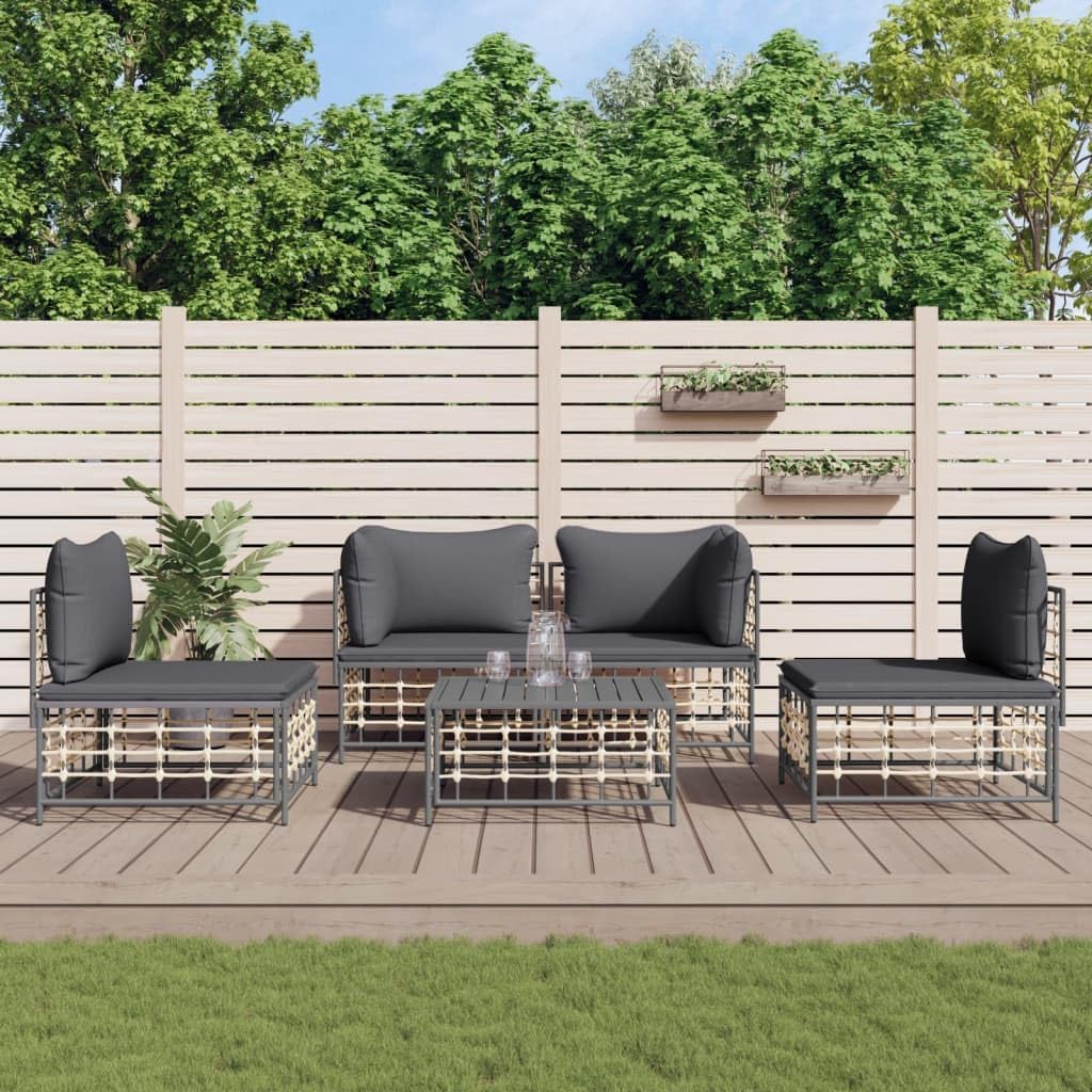 5 Piece Patio Lounge Set with Cushions Anthracite Poly Rattan,Rattan Corner Lounge Set with Cushions for Outdoor Garden and Terrace Outdoor Furniture, Patio Seating