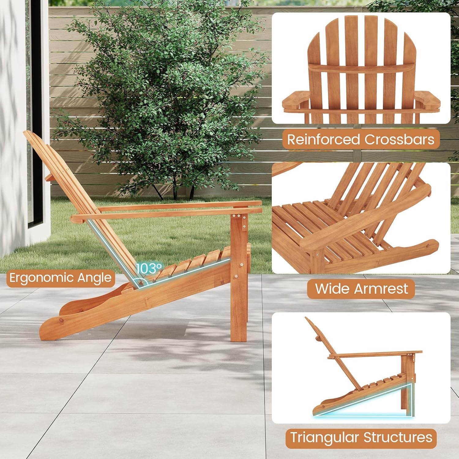 DORTALA Adirondack Chair, Acacia Wood Fire Pit Chair with Arc-Shaped Backrest and Armrests, 400 LBS Weight Capacity, Outdoor Lawn Chair for Patio, Backyard, Deck and Poolside (4)