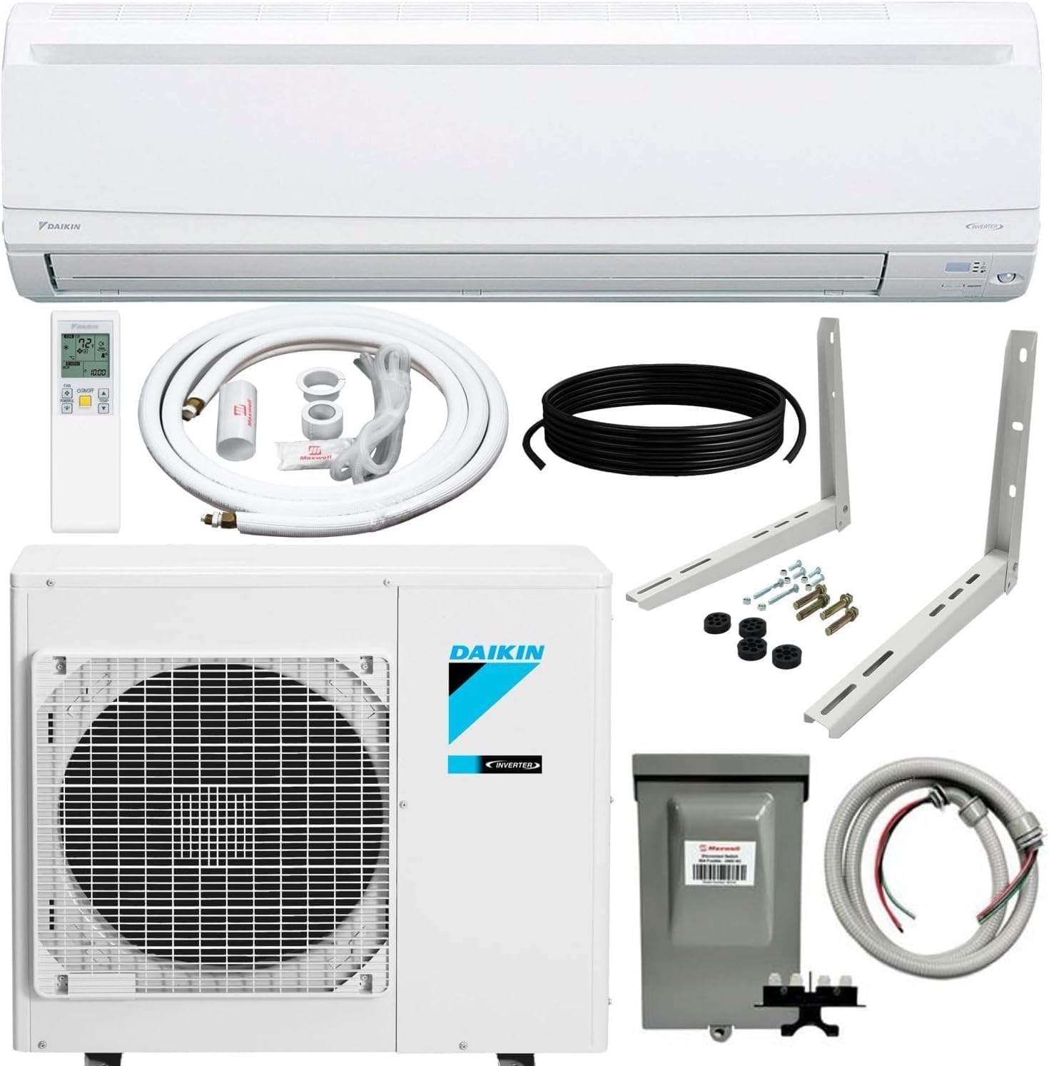 Daikin 18,000 BTU 19.5 SEER2 LV Series Ductless Mini-Split Wall Mount Heat Pump Air Conditioner with 15' Installation Kit, Wall Bracket, 1/2 Electric Whip, 30A Fuse -230V