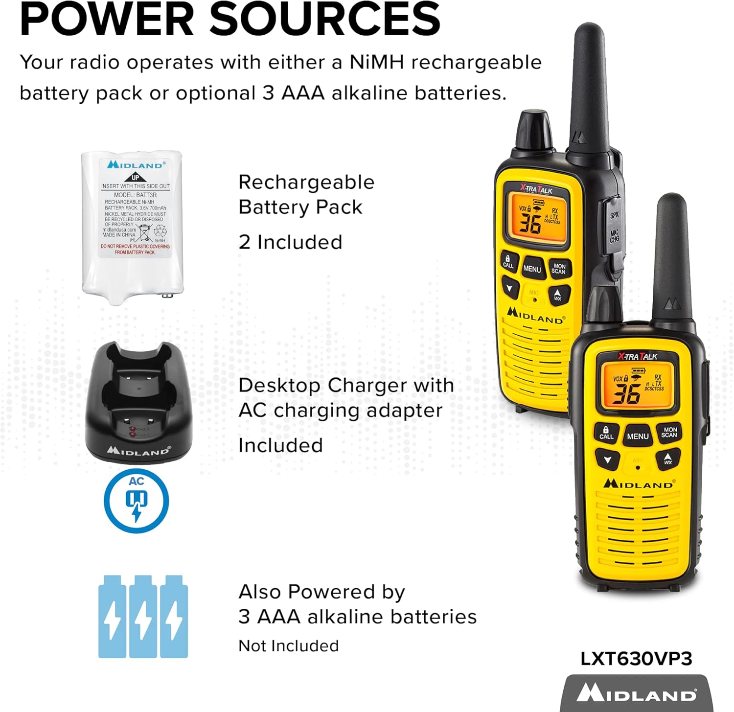Midland - LXT600VP3 Long Range Walkie Talkie - FRS Two-Way Small Business Radio Rechargeable Portable- UTV Accessories with NOAA Weather Scan + Alert, and 36 Channels (Yellow/Black, 2 Radios)