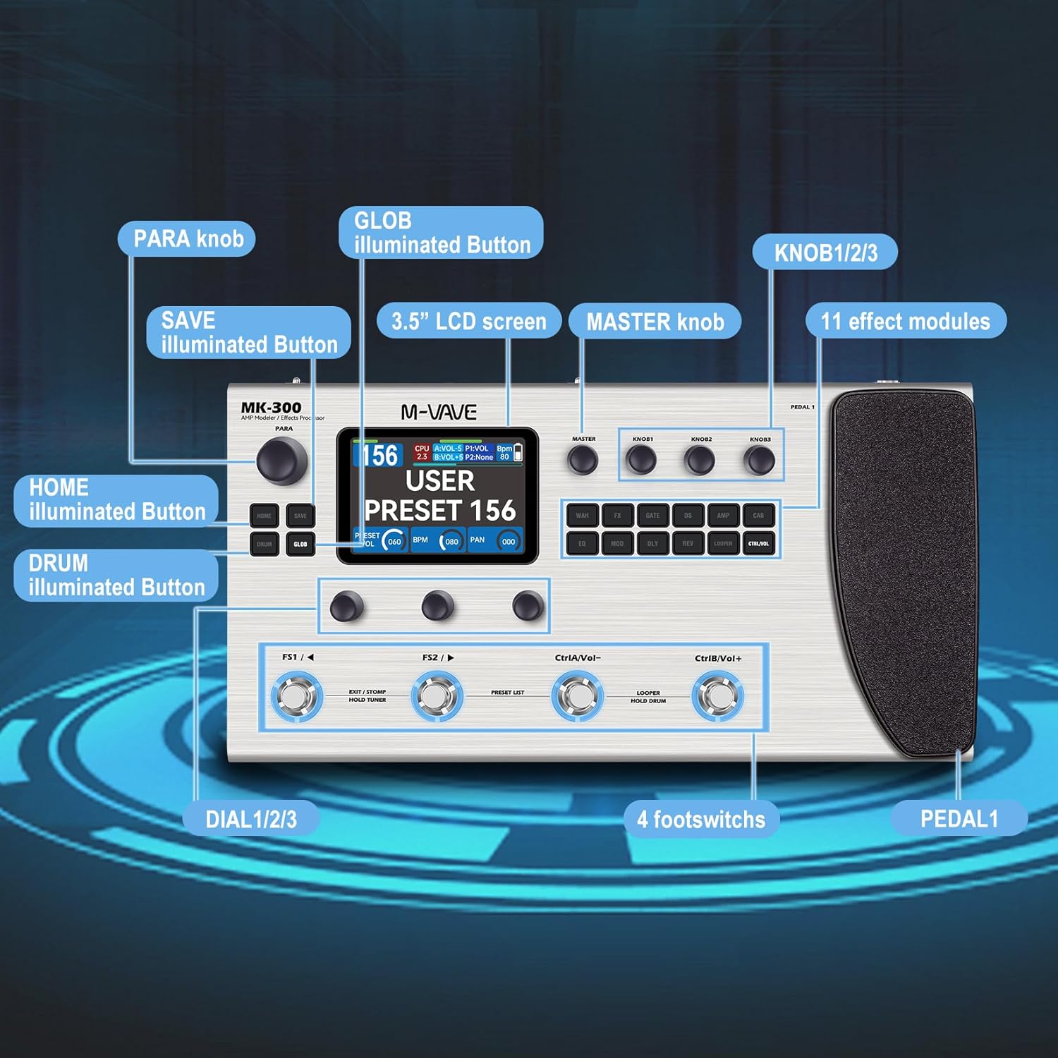 M-VAVE MK-300 Guitar Bass AMP Modeler & Effects Processor with 320+ Effects, 160 Presets, Looper, Drum Machine, USB/BT 10H Battery for Live/Recording