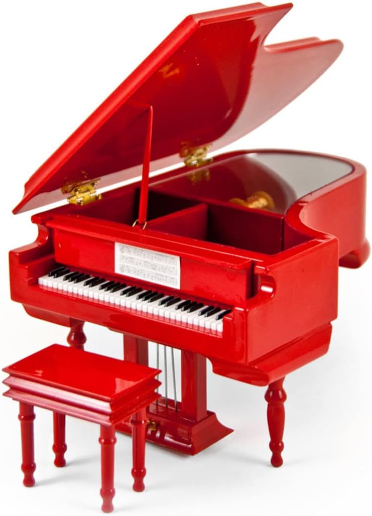 Sophisticated 30 Note Miniature Musical Fire Engine Red Grand Piano with Bench - Auld Lang Syne