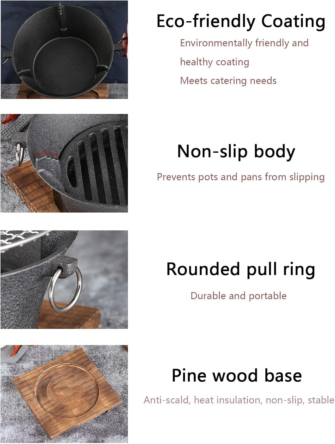 Cast Iron Fire Pit,Fireplace,One-Piece Moulding + Wooden Tray,with Double Ear Puller for barbecues,Outdoor Cooking Utensils and Patio Heating, 16 cm/20 cm/23 cm/25 cm/28 cm (Diameter 16CM)