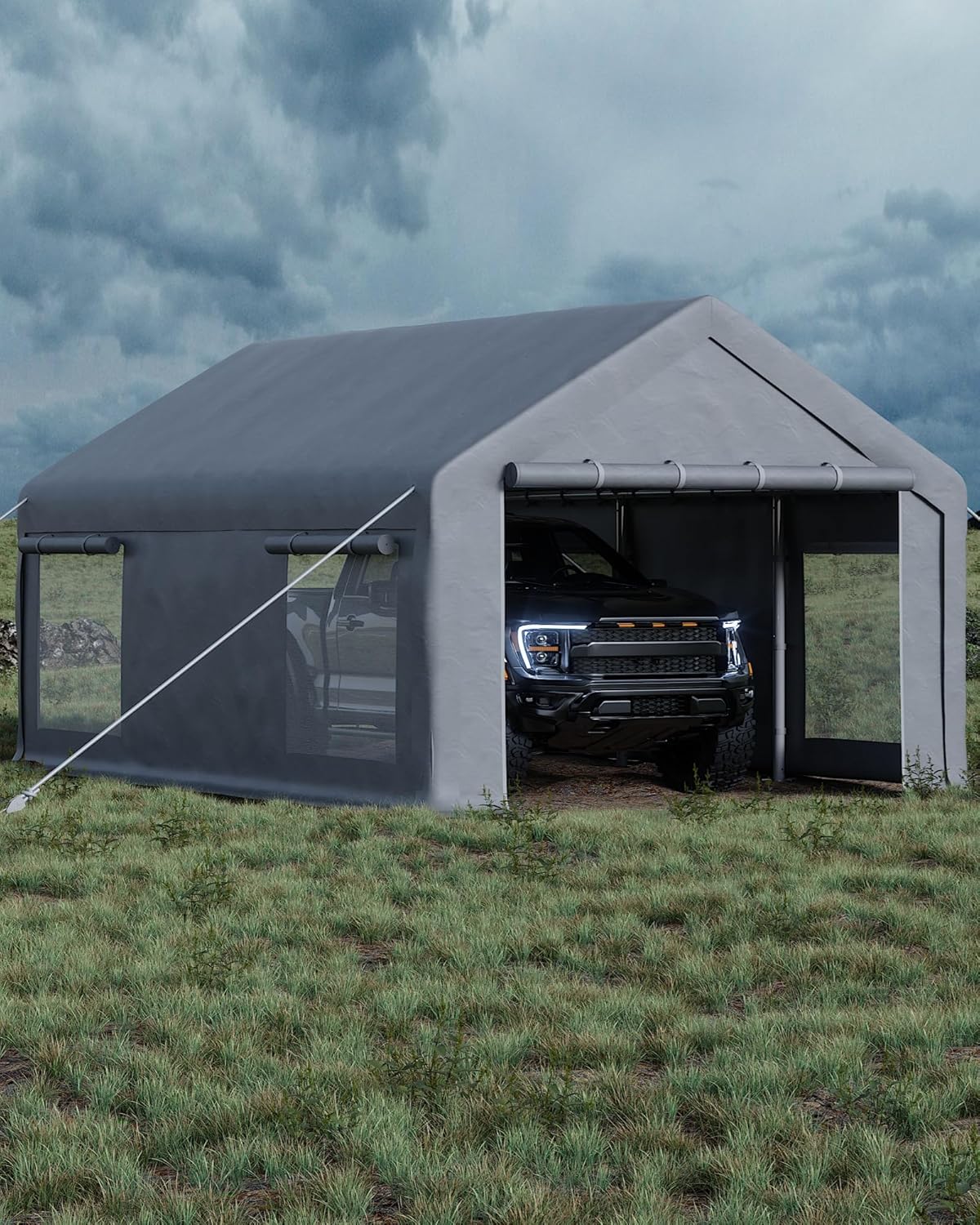 GarveeLife 13x20 ft Portable Garage, Car Port with 220 g PE Tarp Cover, with Front & Rear Roll-Up Doors and 4 Windows, for Temporary Paint Booth, Boats&Pickups Shed, and Event Shelter, Gray