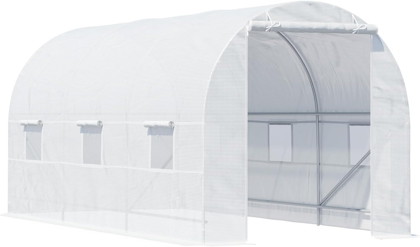 Greenhouses for Outdoors 15 x 7 x 7 FT Walk-in Hoop House Greenhouse with 6 Windows & Rolling Zipper Door, Garden Greenhouse with Reinforced Frame for Plants Gardening (White)