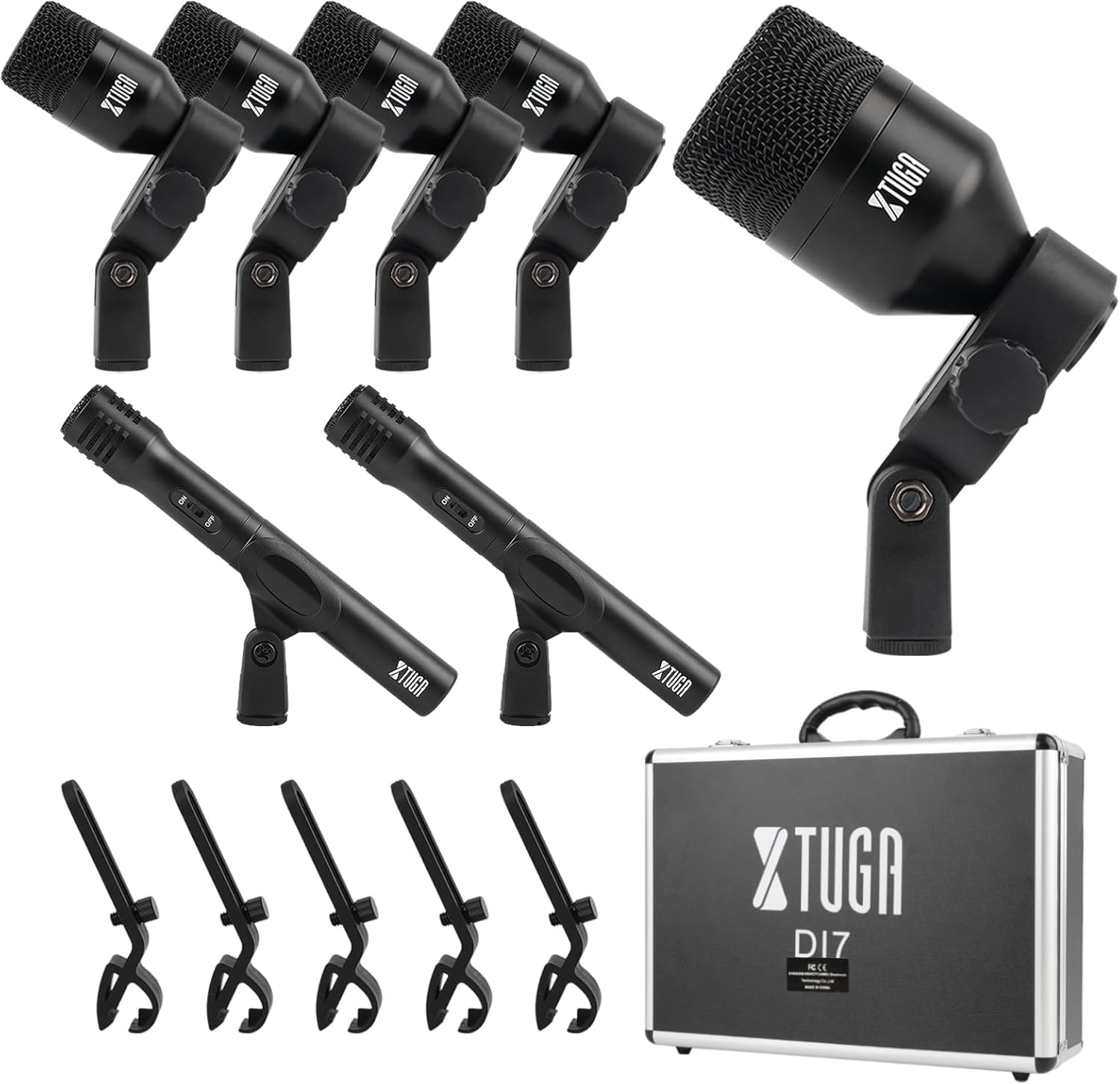 XTUGA New DI7 7 PCS Wireless Dynamic Drum Mic Kit Metal Kick Bass, Tom/Snare & Cymbals Microphone-Use for Drums, Vocal, Other Instrument with Thread Clip On Stage