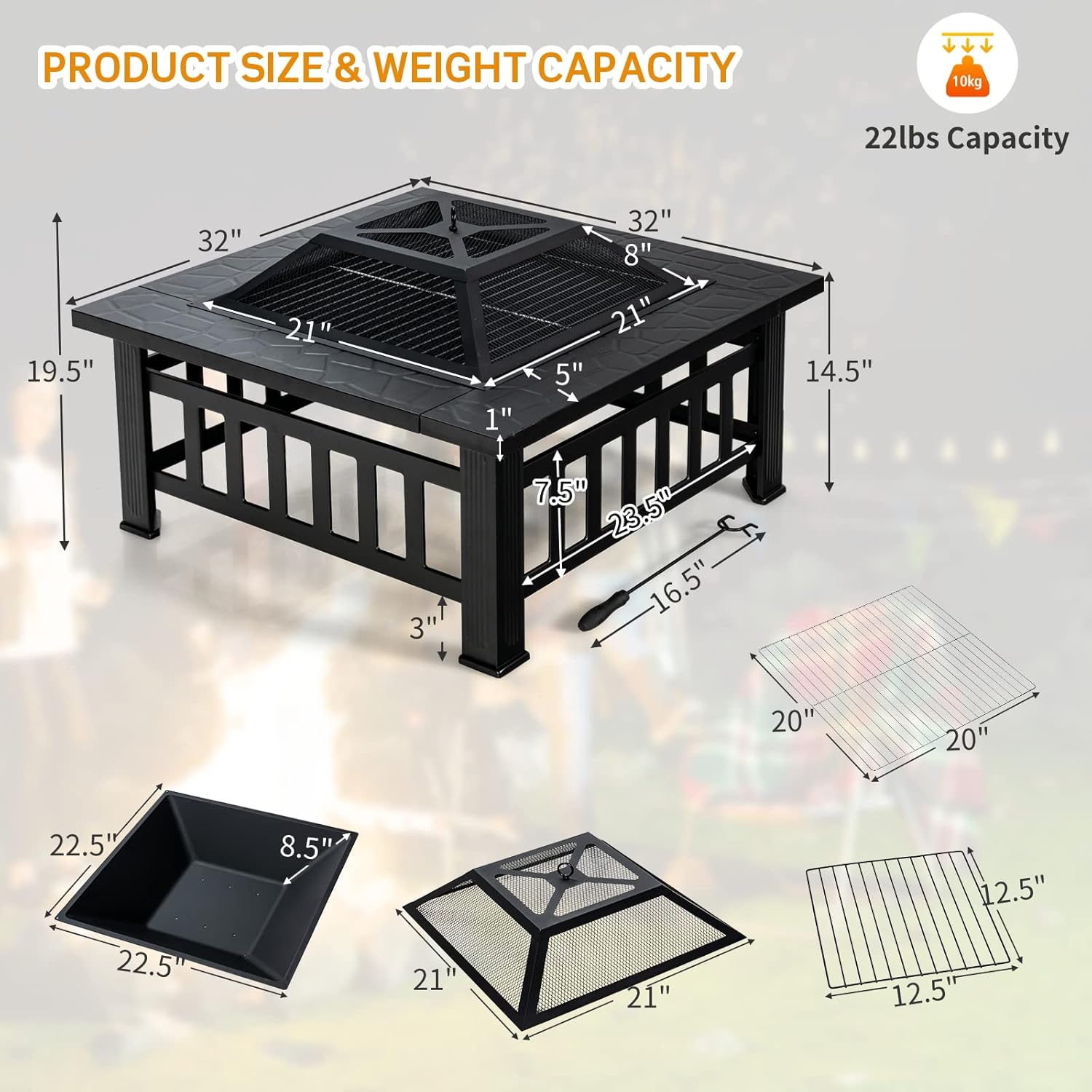 Tangkula 3 in 1 Outdoor Fire Pit, 32 Inch Square Steel Fireplace with Spark Screen, Log Grate, BBQ Grill, Poker, Rain Cover, Wood Burning Fire Pit Stove for Camping, Outdoor Heating, Bonfire