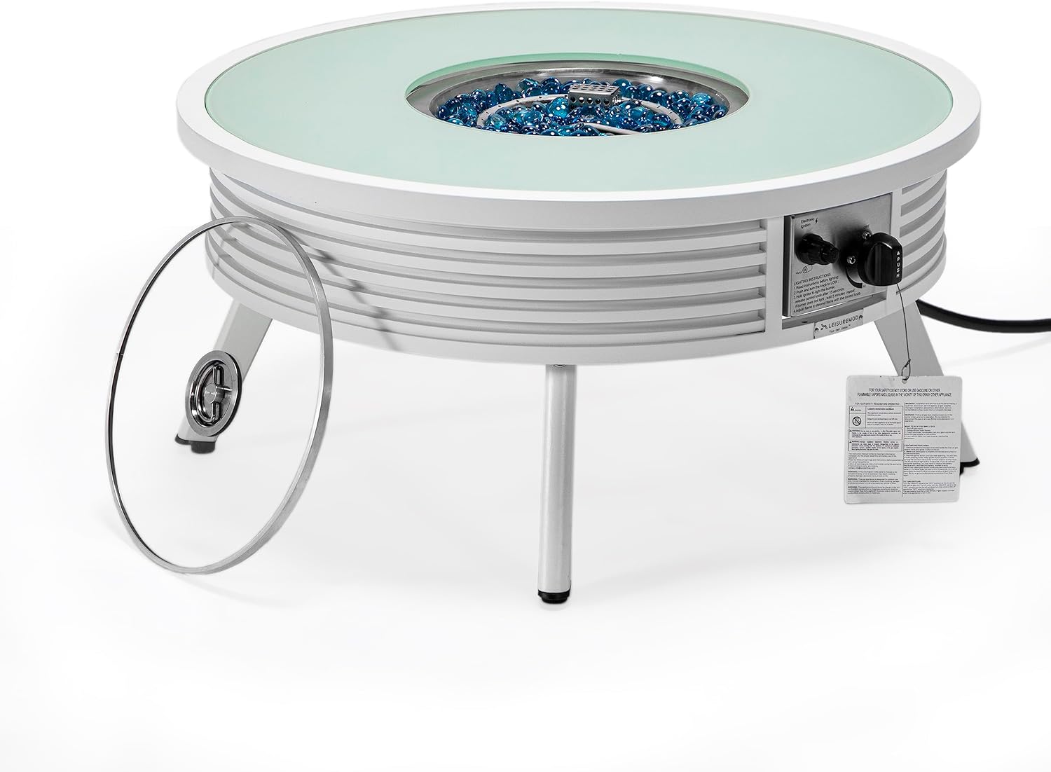 LeisureMod Walbrooke Modern Round Fire Pit Table and Tank Holder with Powder Coated Aluminum Slats Design for Patio and Backyard Garden, White