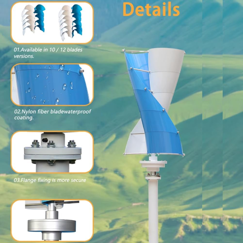 5000W Vertical Wind Turbine, Low Noise 10 Blades Permanent Magnet Generator 12V 24V 48V Windmill Spiral Generator for Home, Boat, Marine, Garden