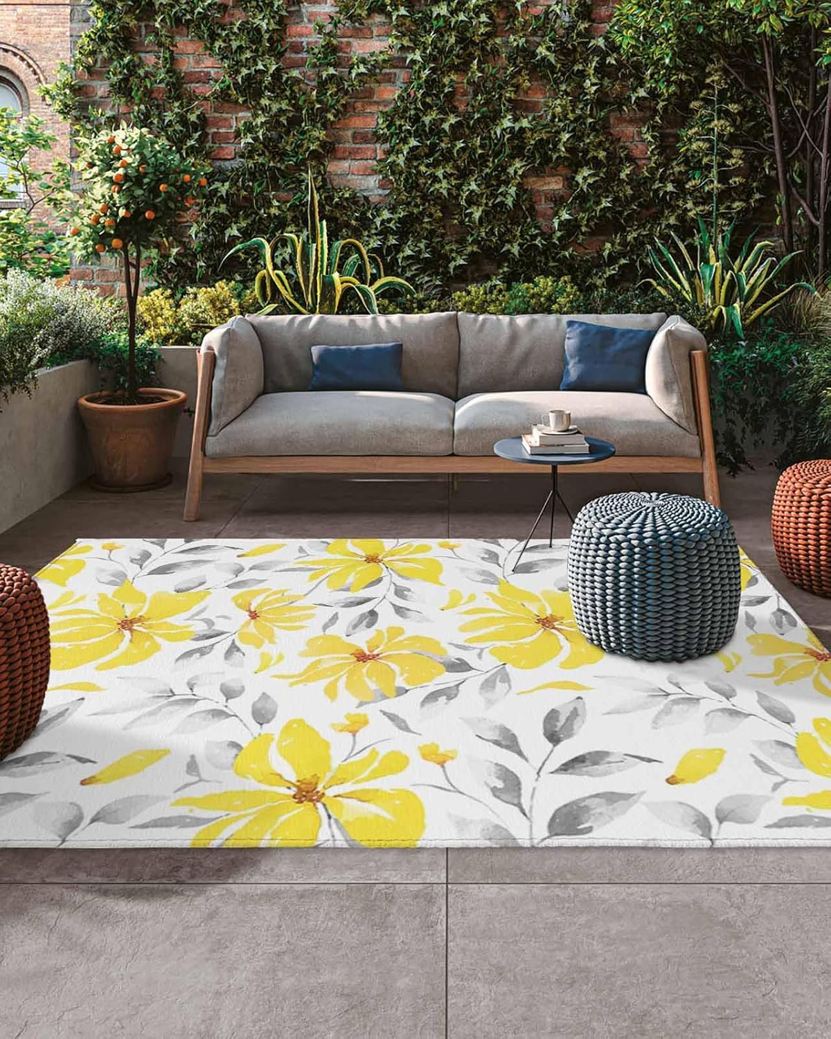 Watercolor Flowers Outdoor Rug for Patio 4x6ft, Non Slip Patio Mat Outdoor Carpet Camping Rug Absorbent Washable Outdoor Area Rug for Deck RV Porch Front Picnic Ombre Yelllow Grey Abstract Art