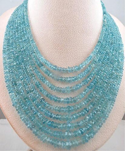 Natural Blue Aquamarine FACETTED Round Beads Necklace 17 inch 8MM to 4MM