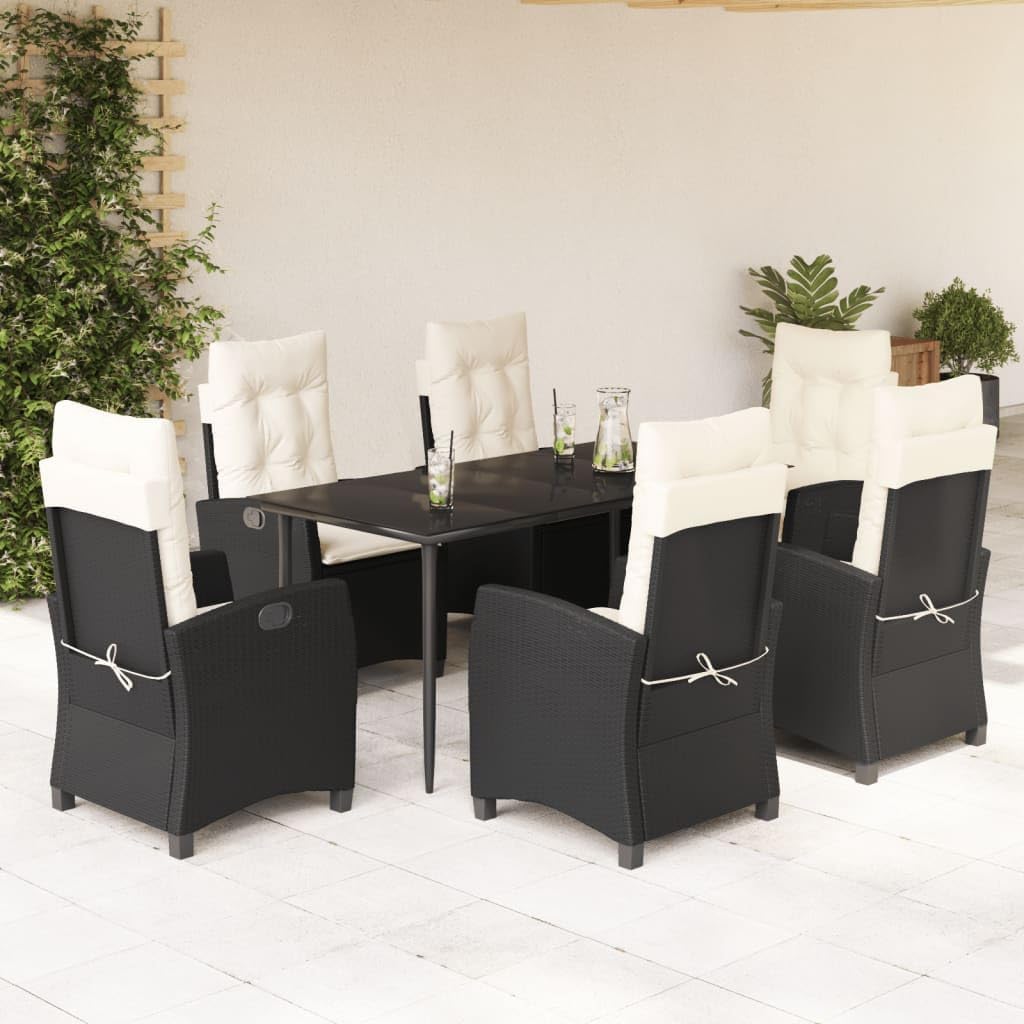 Furniture Sets 7 Piece Patio Dining Set with Cushions Black Poly Rattan,Deluxe Garden Dining Set with Adjustable Chairs and Tempered Glass Table Garden Conversation Sets
