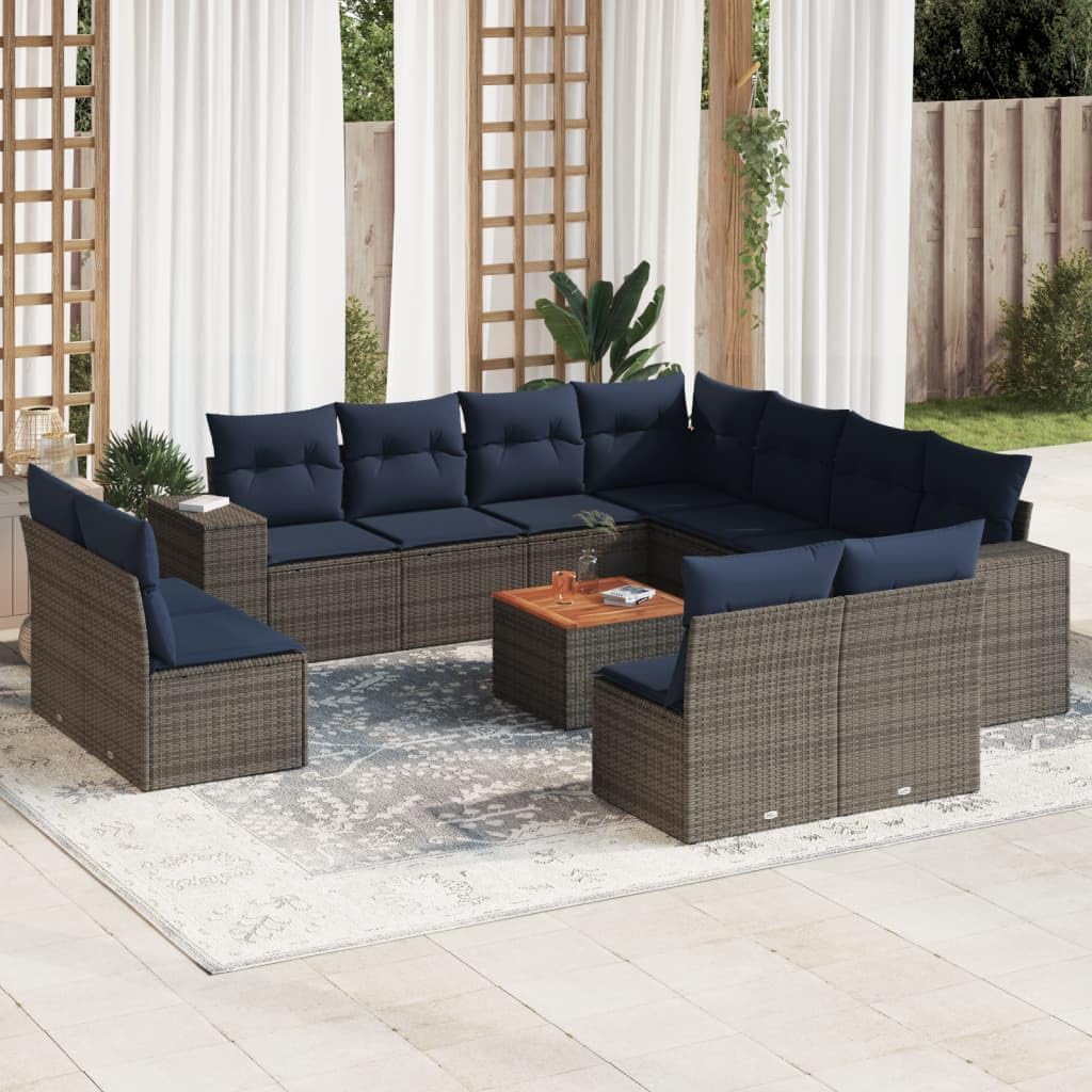 12 Piece Gray Poly Rattan Patio Sofa Set with Cushions, Modular Outdoor Furniture, Acacia Wood Tabletop, UV-Proof, for Backyard Balcony