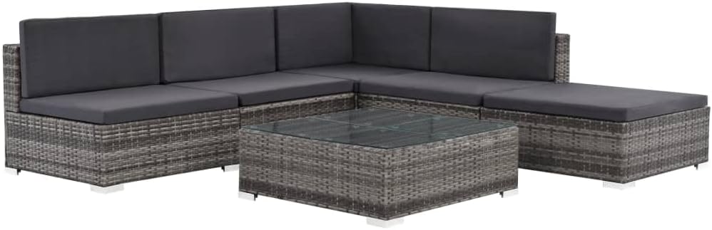 6-Piece Modular Rattan Sofa Set, Dark Grey Outdoor Patio Furniture, UV Resistant Sectional Couch with Coffee Table, Garden Balcony Seating, 4 Person Capacity