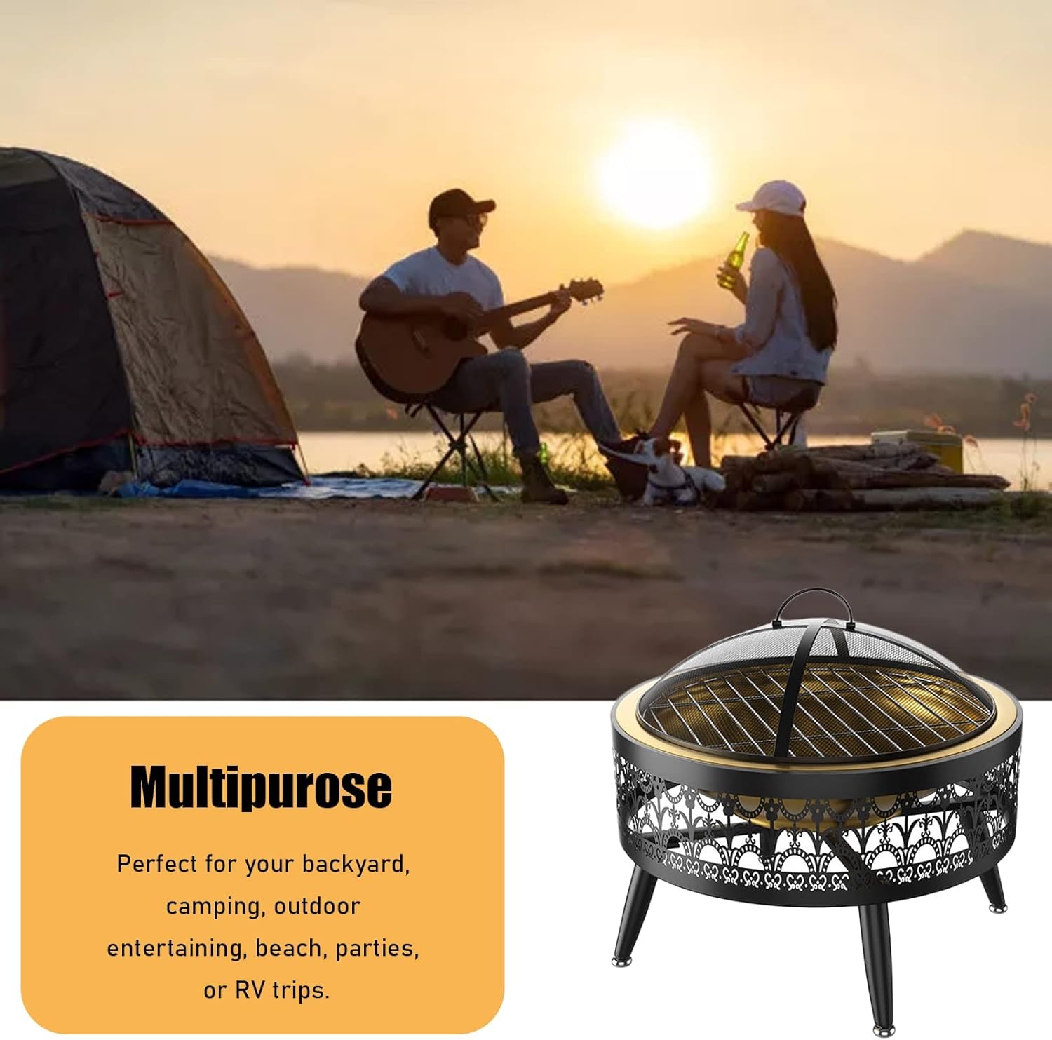 LXLZYXSF Wood Burning Fire Pit Bowl with Table Top, Round Tea Table, Metal Fire Basin for Outdoor Indoor Yard Garden Deck Porch Living Room Patio (Color : Deep Coffee, Size : 52.5cm/20.6inch Wide)