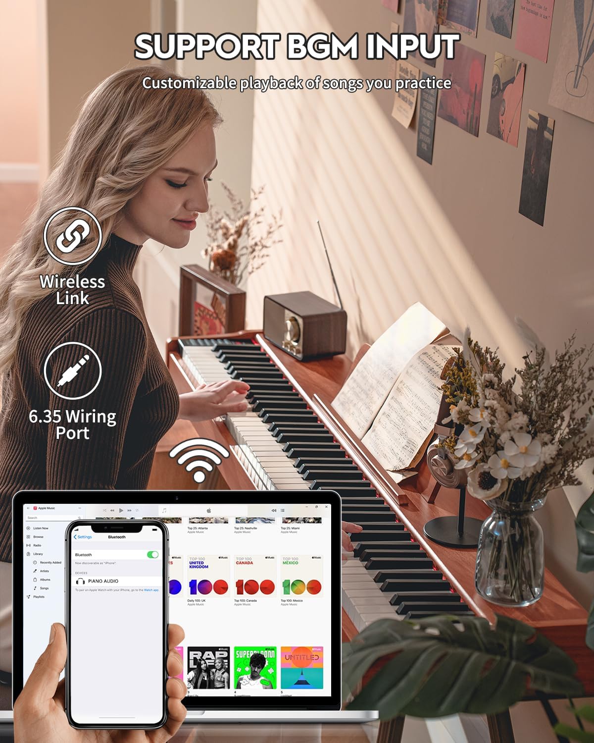 STRICH Digital Piano 88 Keys, Hammer-Action Weighted Keyboard, Full size Electric Piano Keyboard with Stand, 25Wx2 Speakers, Supports USB-MIDI/Wireless Connecting SDP-300S (Color Mahogany)