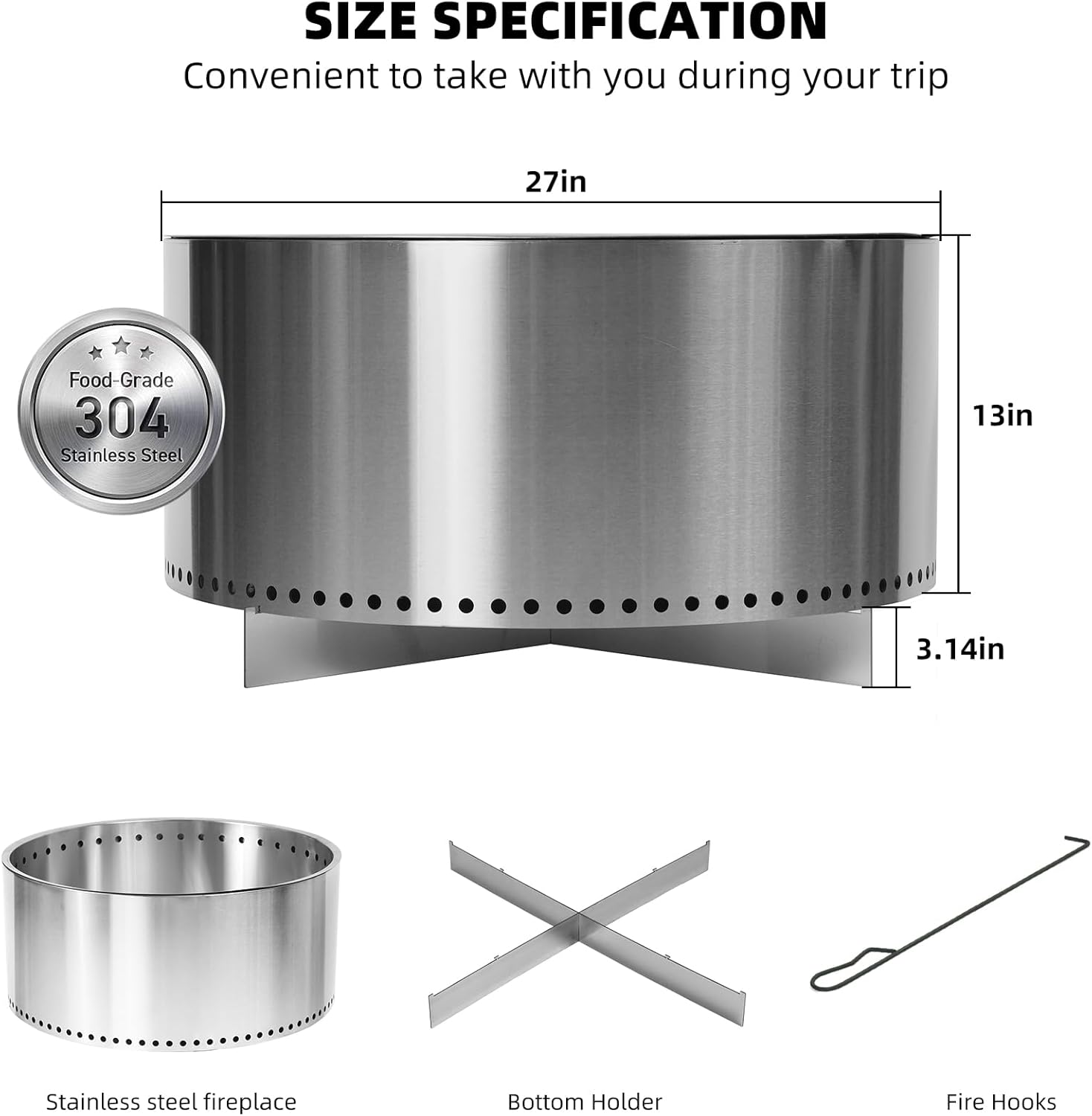 Smokeless Fire Pit, Wood Burning Camping Stove with Removable Stand & Ash Pan, Portable Outdoor Bonfire Fire Pit, Stylish Practical Solo Stoves for Camping Backyard Patio Beach, silvery