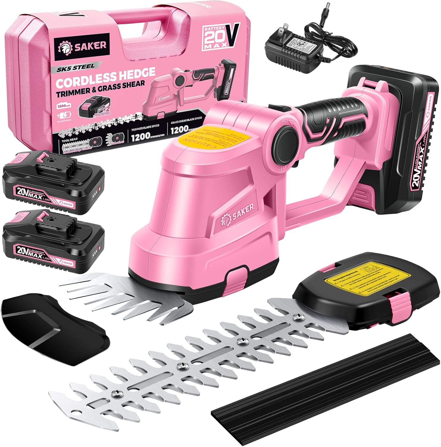 Saker Cordless Hedge Trimmer-20V Electric Shrub Trimmer Grass Shears Handheld Grass Cutter, Hedge Shear with 2 PCS Rechargeable Battery and Charger for Garden, Lawn(Pink)