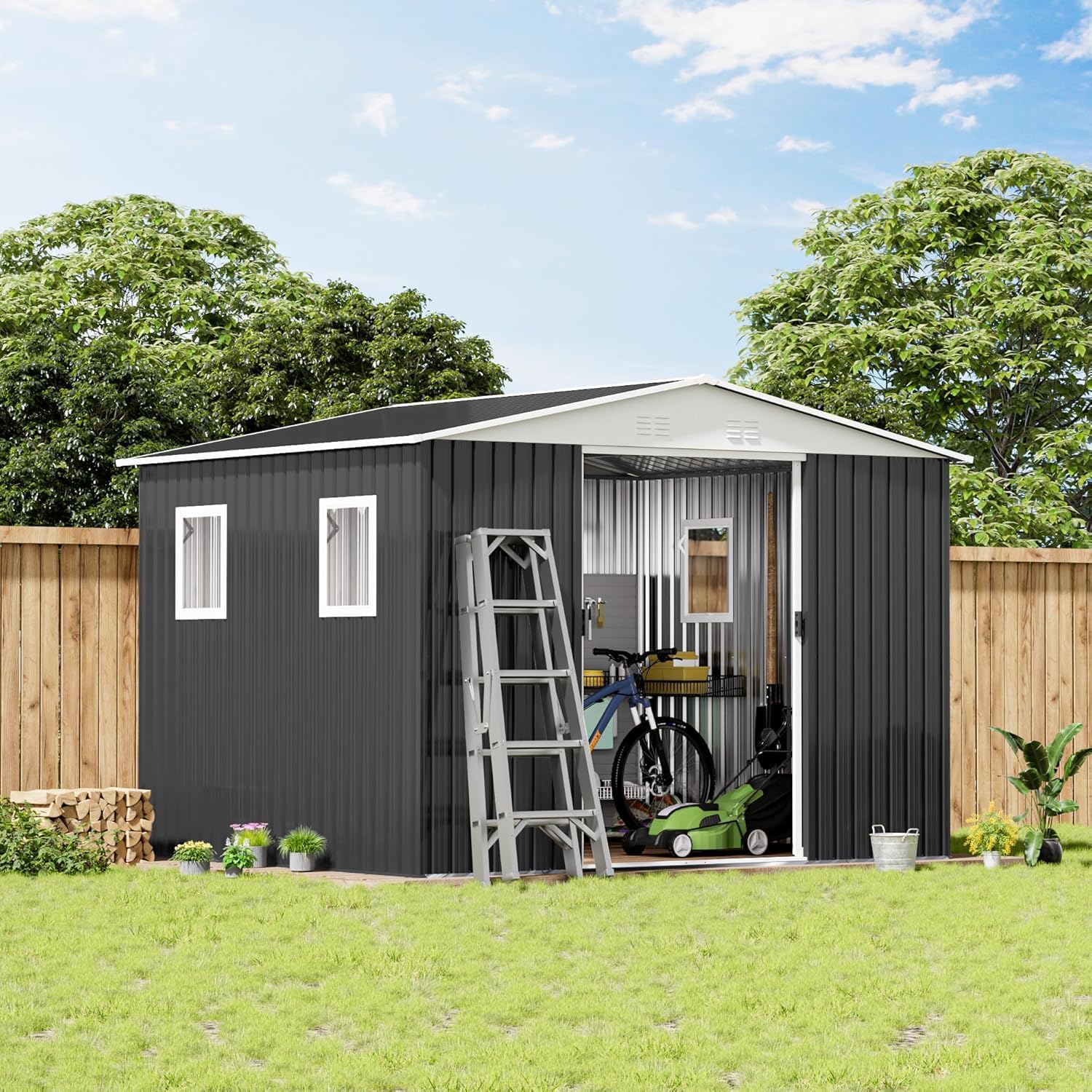 12 x 10 FT Outdoor Garden Storage Shed with Apex Roof, 4 Windows and Aluminum Frame, Grey