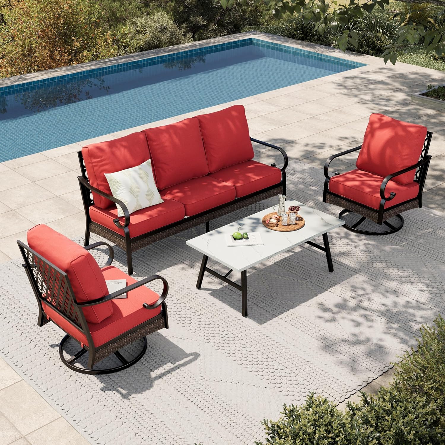 HERA'S HOUSE 4 Piece Metal Patio Furniture Set, All Weather Outdoor Conversation Set with 3 Seat Sofa, 2 Swivel Chairs & Coffee Table, Seats 5 for Backyard, Garden, Deck, Red