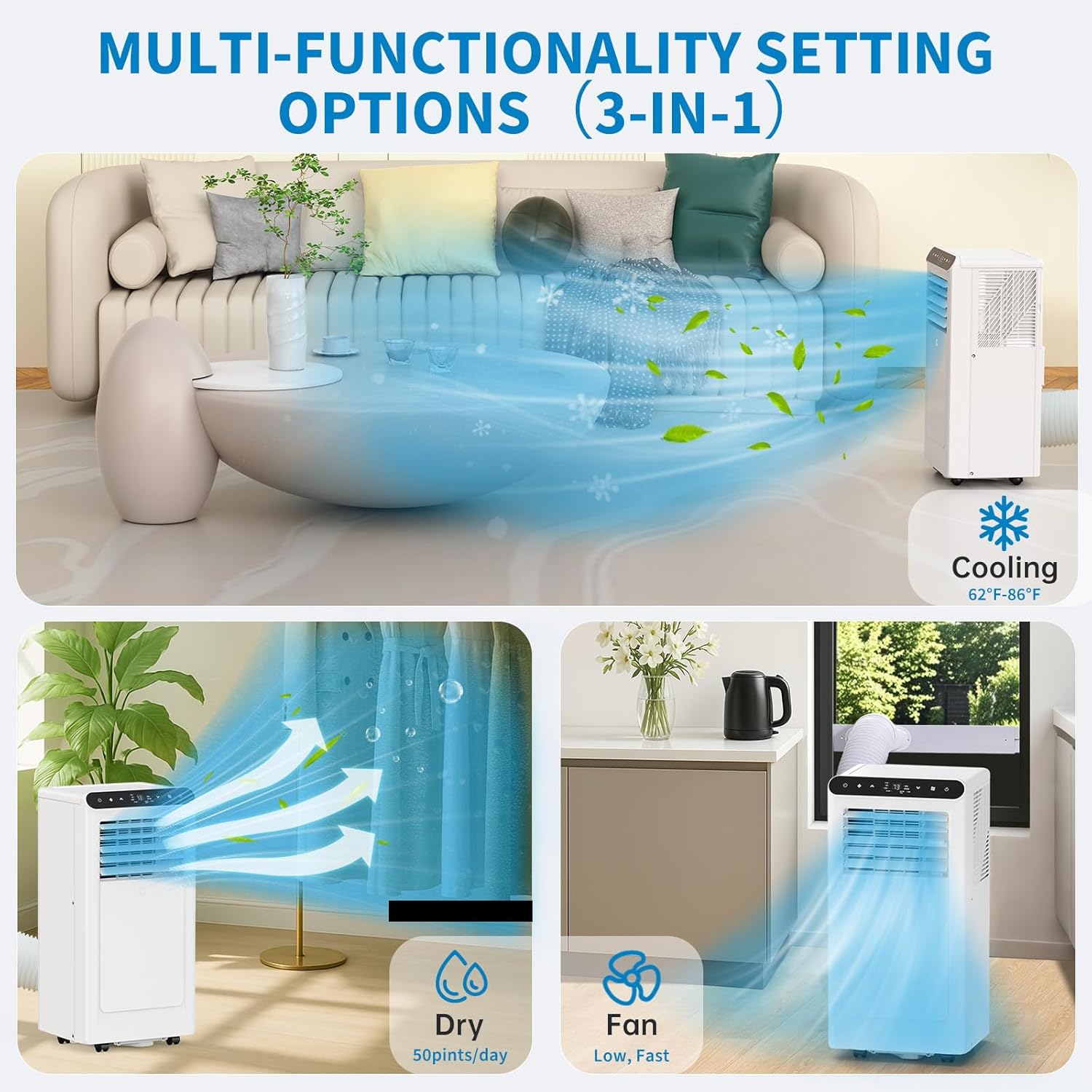 Portable Air Conditioner 8000 BTU, 3-in-1 AC Unit with Dehumidifier & Fan, Cools Rooms Up to 350 Sq.Ft, Remote Control, LED Display, Timer, Window Kit