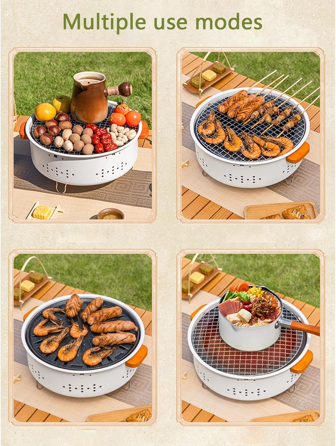 Fire Pits,Fireplace,Thickened Iron Body + Enamelled Inner Liner,Anti-Scald Handles on Both Sides,Detachable Design,Easy to Clean,with Grill Mesh and Grill Pan,33.5 x 10cm (A)