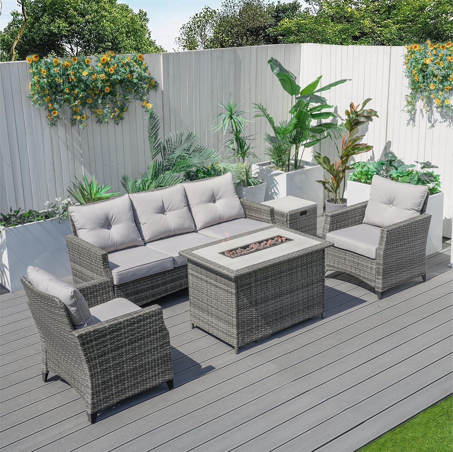 Outdoor Gas Fire Pit Table, Gray Wicker, Aluminum Frame