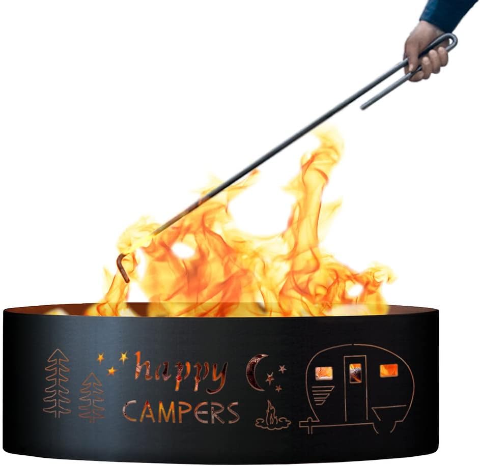 PD Metals HPC01830-FP Happy Camper Unpainted 12 in. Tall 30 in. Diameter Outdoor Fire Ring with Fire Poker - 30 x 30 x 12 in. - Rustic Black Color