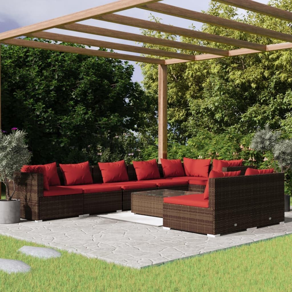 Furniture Sets 9 Piece Patio Lounge Set with Cushions Brown Poly Rattan,Trendy Poly Rattan Patio Lounge Set for a Relaxing Outdoor Experience Garden Conversation Sets