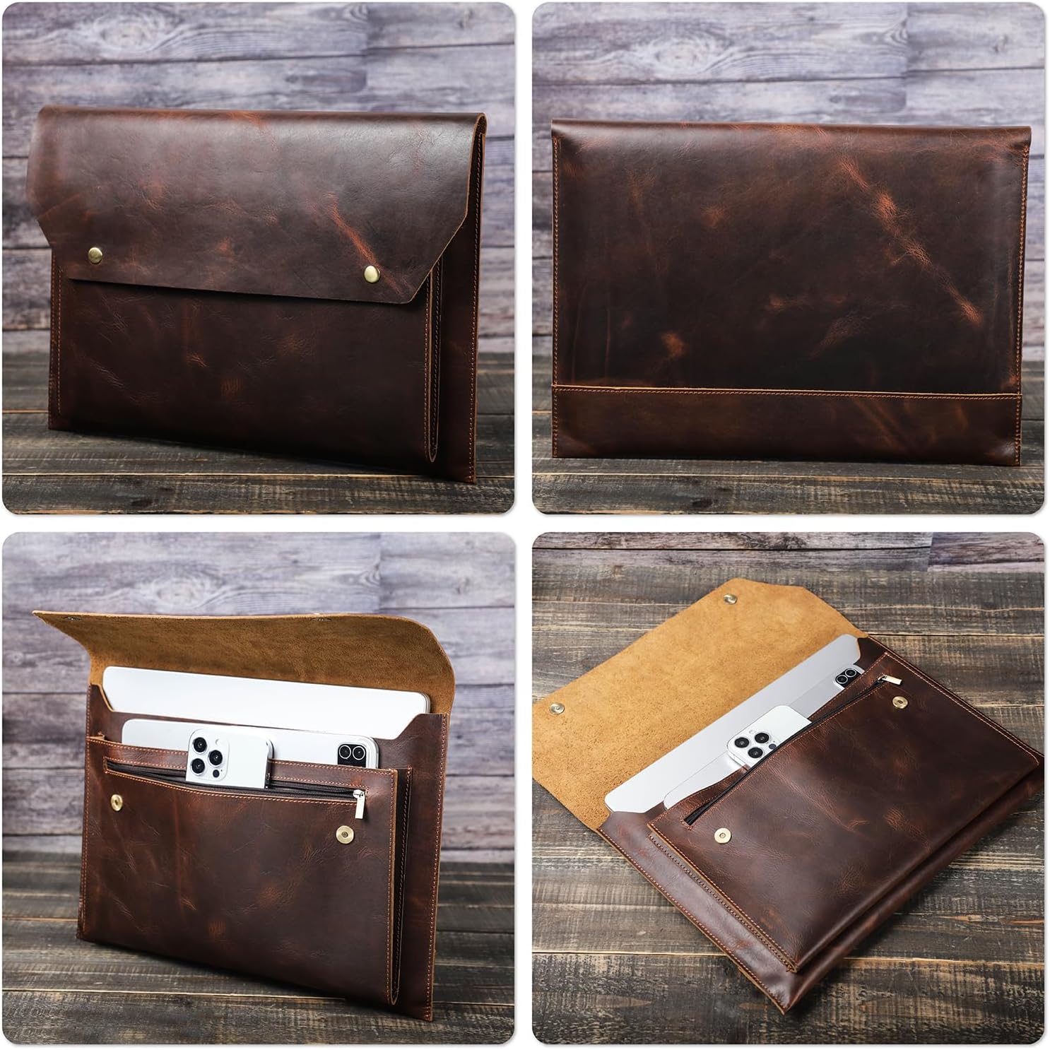 Top Grain Leather Text Customizable Laptop Sleeve Bag, Vintage Design with Multiple Pockets, Fully Handmade, Compatible with MacBook Pro/Air & iPad Pro/Air & Other PC & Accessories