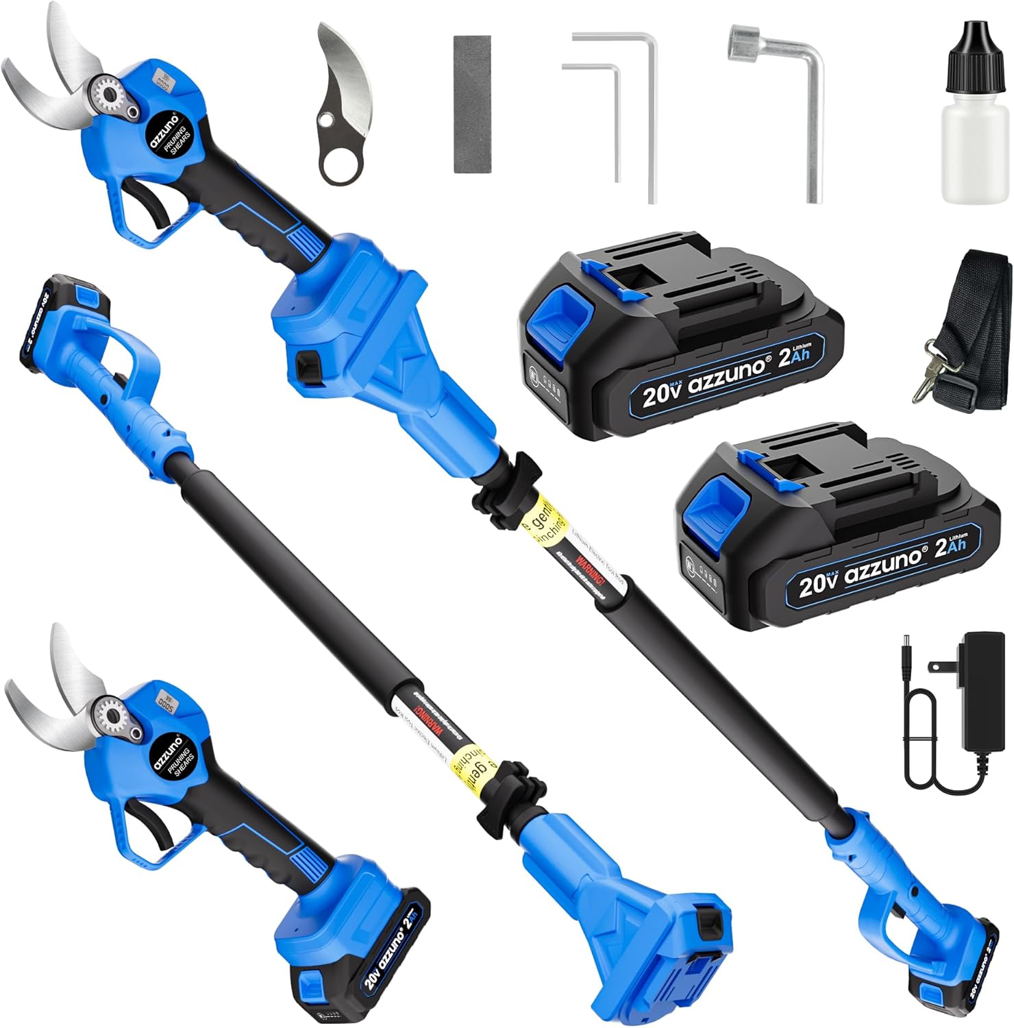 AZZUNO 20V 2-IN-1 Electric Pole Pruning Shears: 1.4 Inch Cordless Long Handle Pruner 13ft Reach, Brushless Branch Cutter with LCD Display for Tree Trimming Gardening (2Pcs 2.0Ah Batteries and Charger)