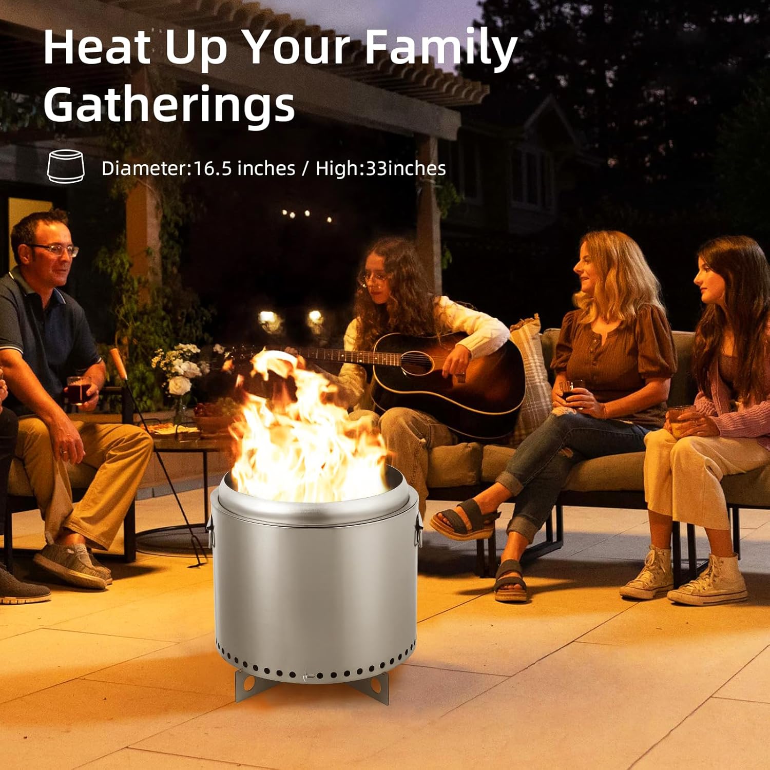 16.5 Inch Stainless Steel Smokeless Outdoor Fire Pit, Burning Wood, Particles,Coal, Removable Stand and Ash Pan, Perfect for Bonfire, Camping, Picnic, Family Gatherings for Garden