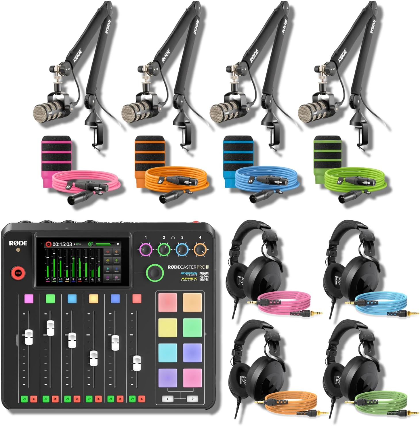 Rodecaster Pro II Ultimate Podcasting Bundle with 4 PodMics, PSA1+ Boom Arms, NTH-100 Headphones, WS14 Filters & Color-Coded Cables