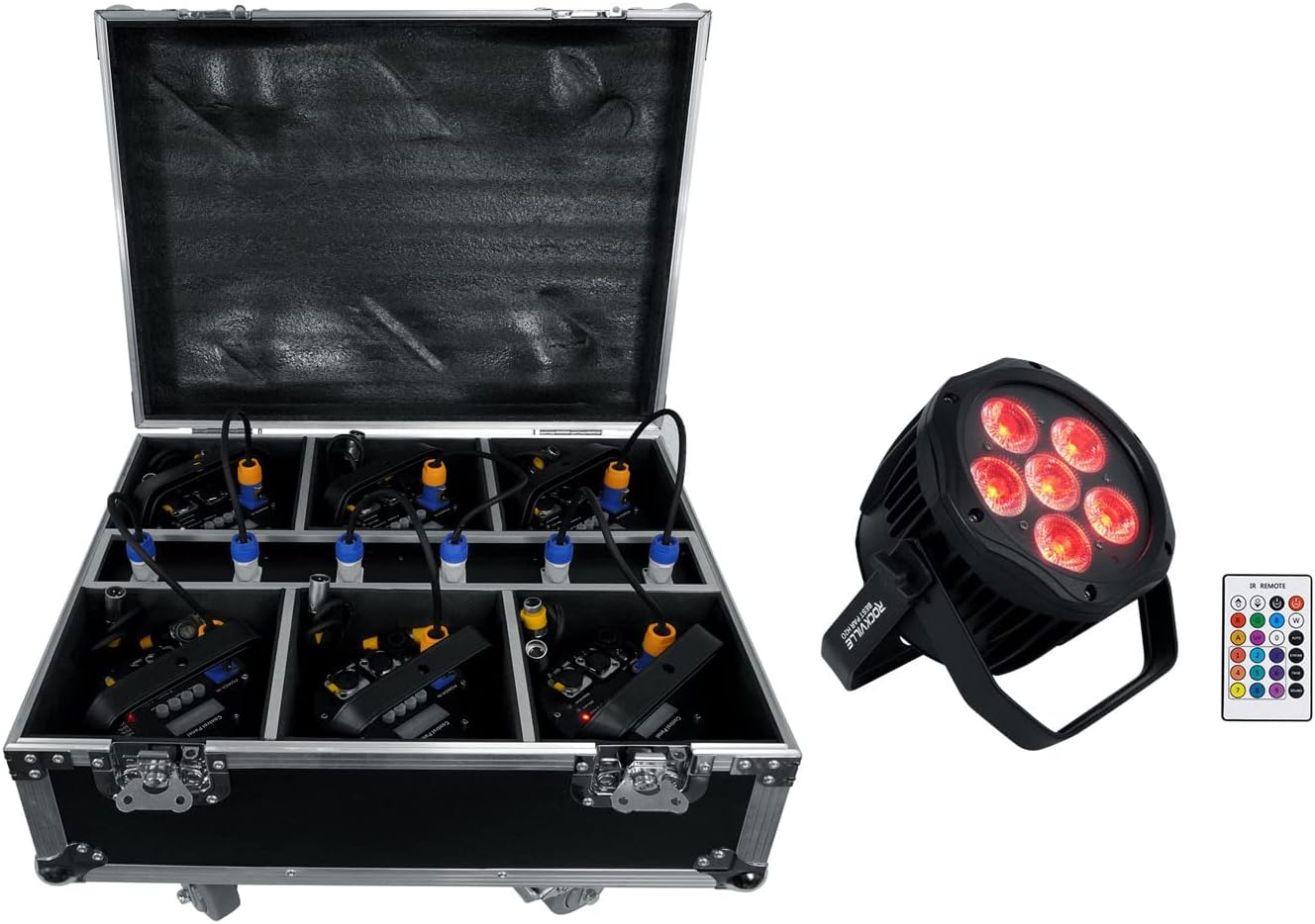 Rockville Best Pack H2O (6) 18W RGBWA+UV Par DJ Lights 108W Total, Water Resistant, Wireless DMX, Long Battery Life, with Charging Case for Indoor/Outdoor Events