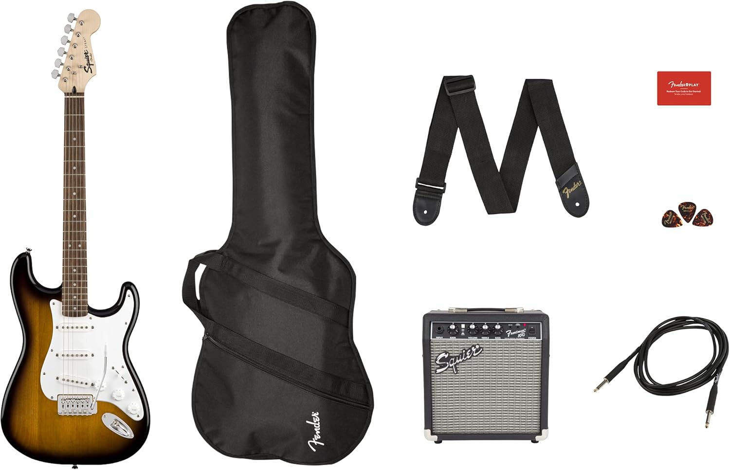 Fender Squier Stratocaster Electric Guitar Pack, Brown Sunburst, with Gig Bag, Frontman 10G, and accessories