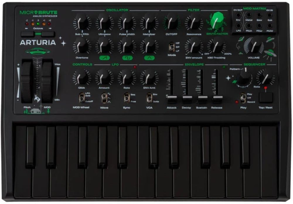 Arturia Micro Brute UFO Bundle with Polsen HPC-A30 Closed-Back Studio Monitor Headphones, Kellards MID-P10T Pro MIDI to MIDI Cable 10 Feet