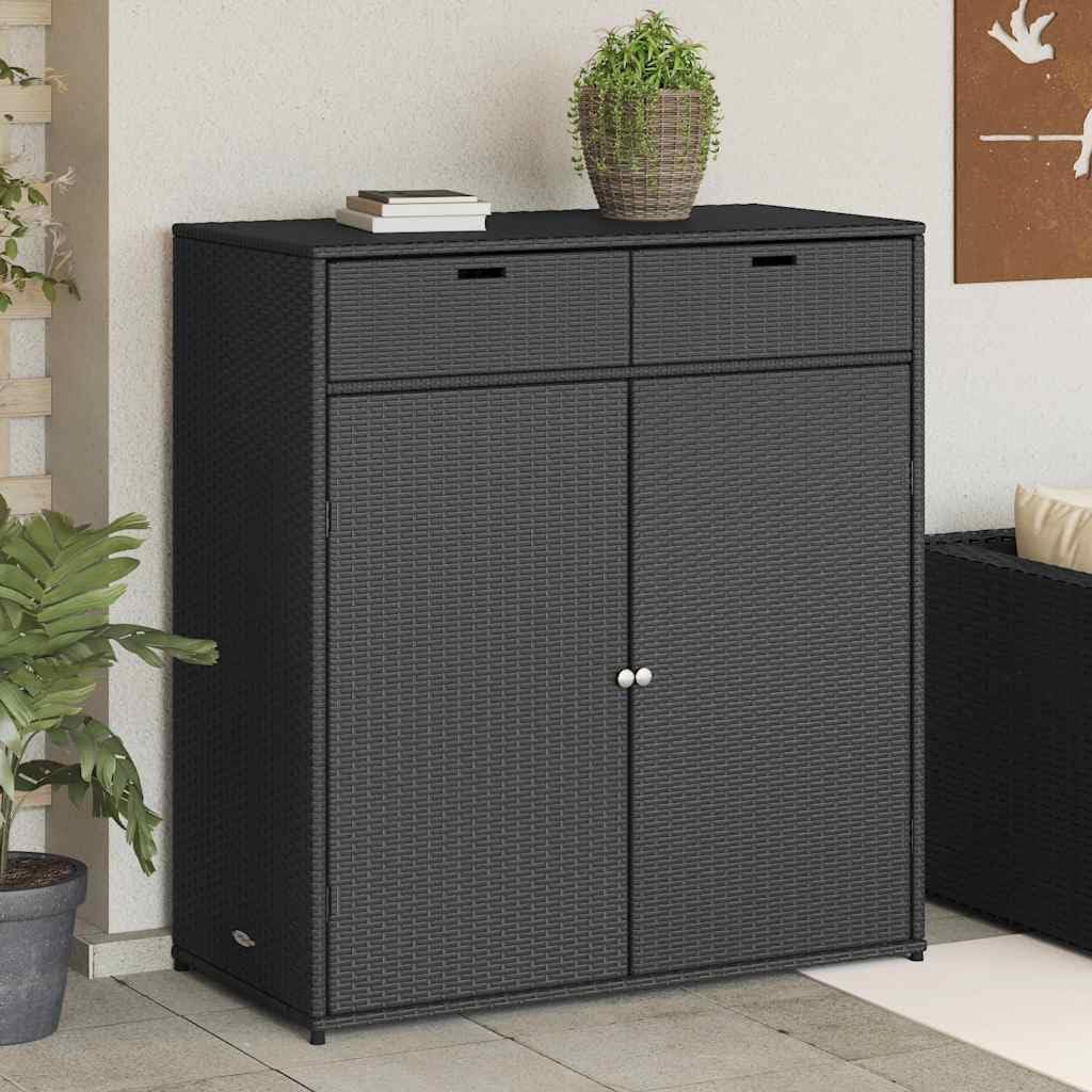 Outdoor Garden Storage Cabinet, Black Poly Rattan, Weatherproof Deck Box for Patio, Large 41.3x21.7x44.5 inch Waterproof Tool Storage Bin, Secure Magnetic Closure