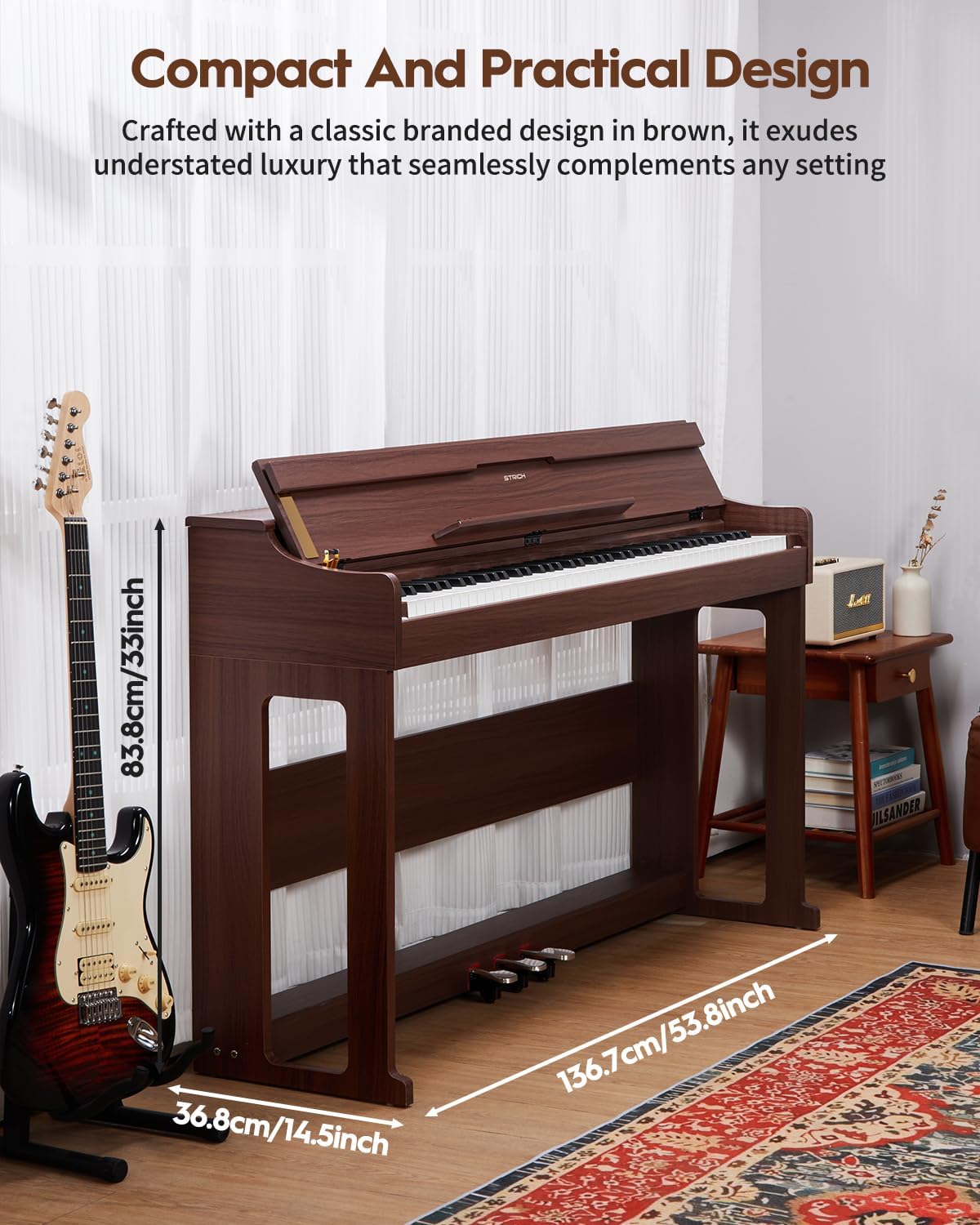 STRICH 88 Keys Digital Piano, Hammer-Action Fully Weighted Keyboard, Cover Designed Electric Piano Keyboard with Furniture Stand, Headphones, Three Pedal, Brown, SDP-400