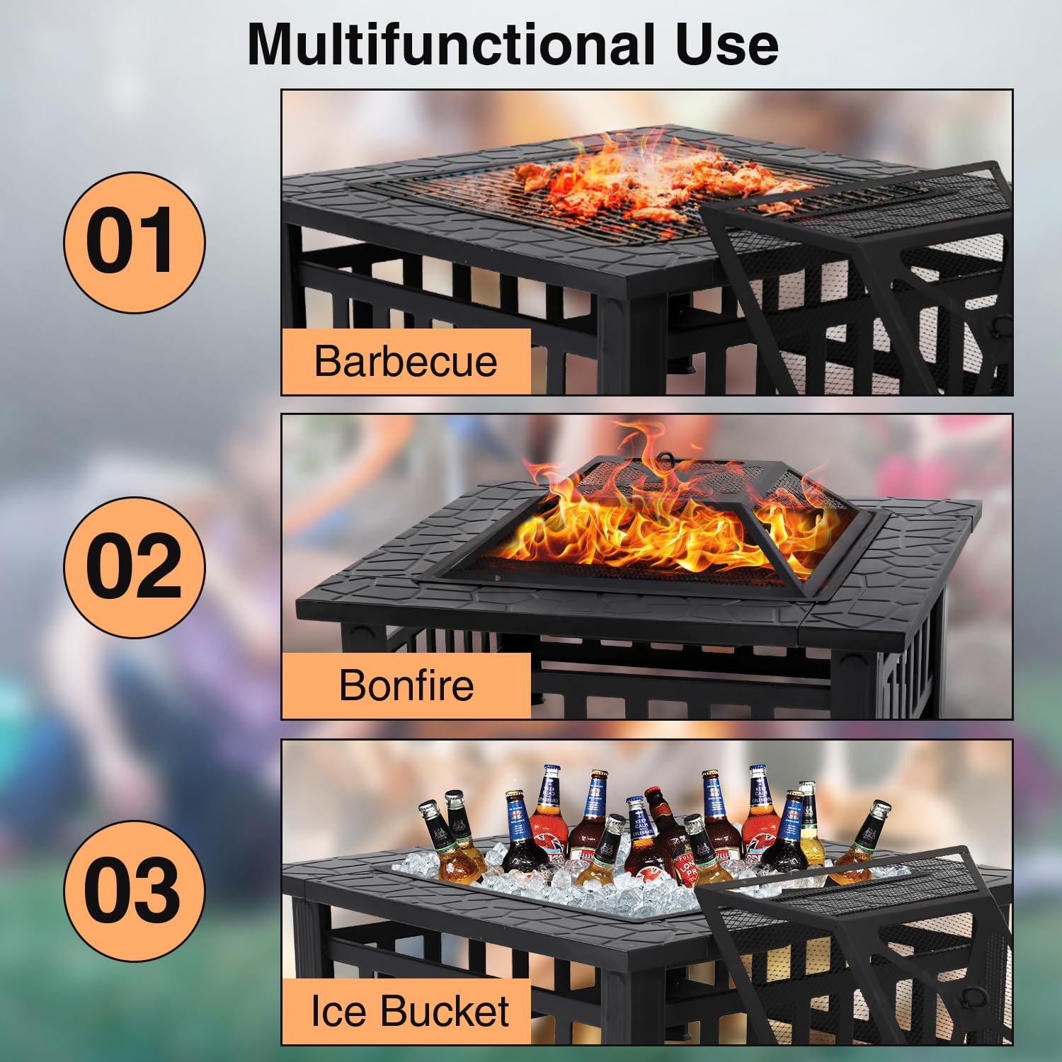 Square Metal Fire Pit Table with BBQ Charcoal Rack, Poker & Mesh Cover – Outdoor Wood Burning Fireplace for Patio, Garden, Camping, Picnics & Backyard Bonfires