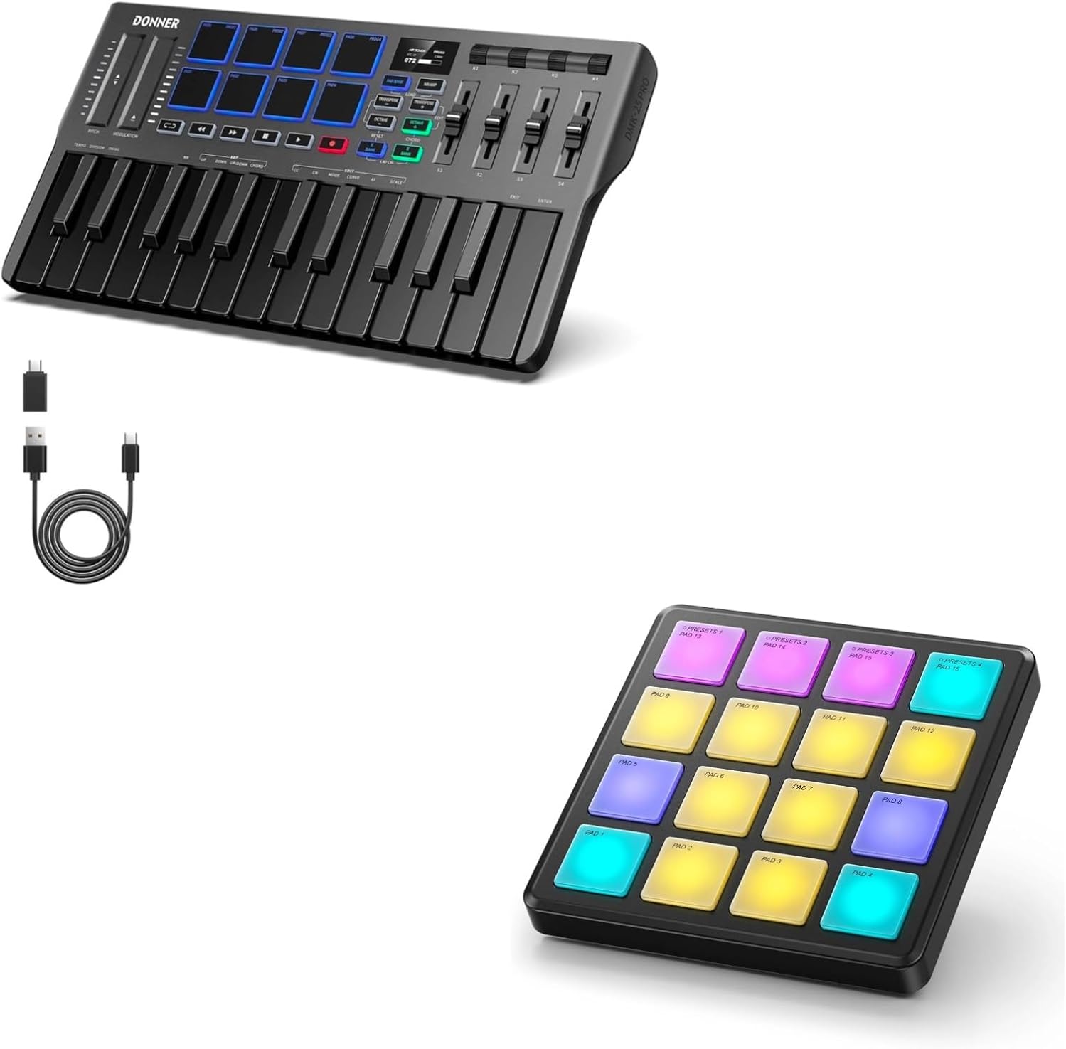 Donner USB-C MIDI Keyboard Controller+Donner MIDI Controller Pad Beat Maker Machine