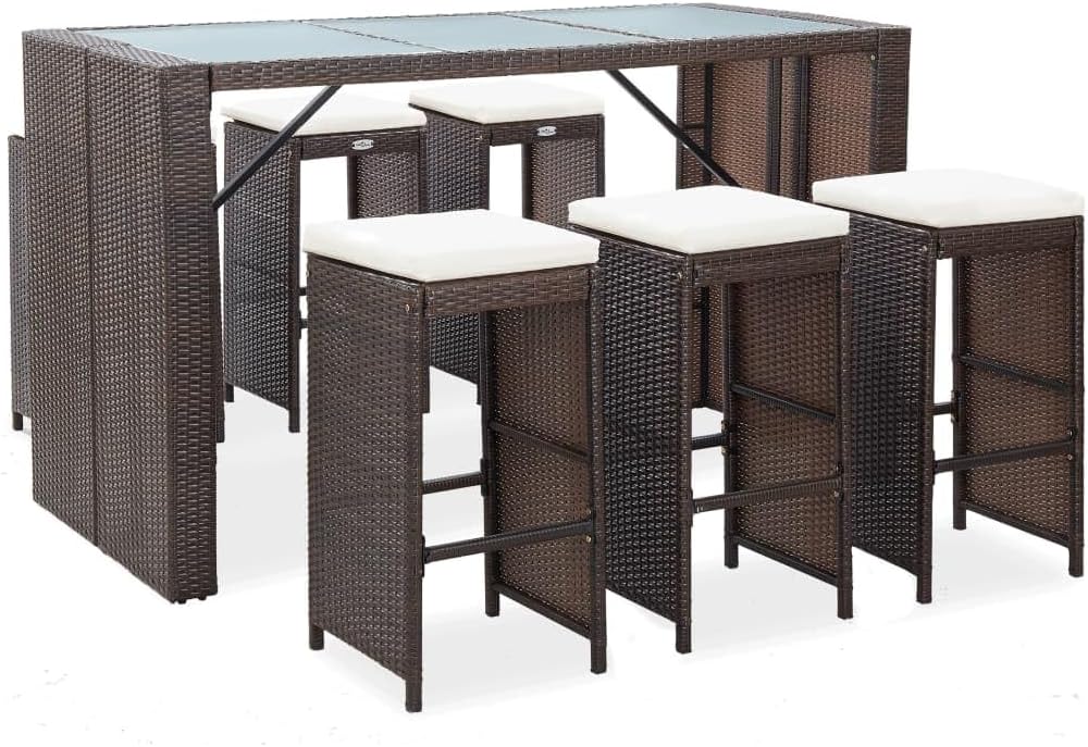 Furniture Sets 7 Piece Patio Bar Set with Cushions Poly Rattan Brown,Elegant Outdoor Bar Set: Poly Rattan and Glass Table with Stools Garden Conversation Sets