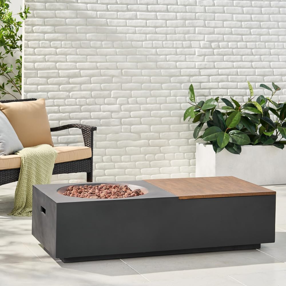 Outdoor 50,000 BTU Lightweight Concrete Fire Pit Table with Removable Top and Storage Compartment for Patio or Garden Use