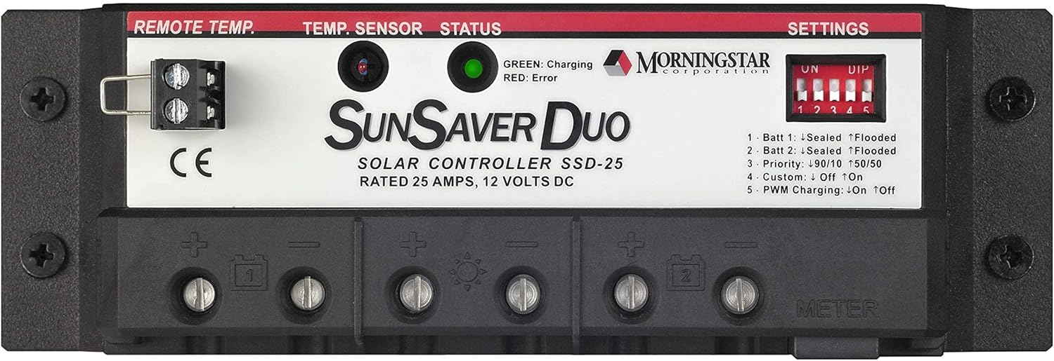 Morningstar SunSaver Duo 25A PWM Solar Charge Controller (SSD-25) - Solar Panel Regulator for Two 12V Batteries, Adjustable Charge Settings, Great for RVs/Boats, 5 Year WTY - Designed in The USA