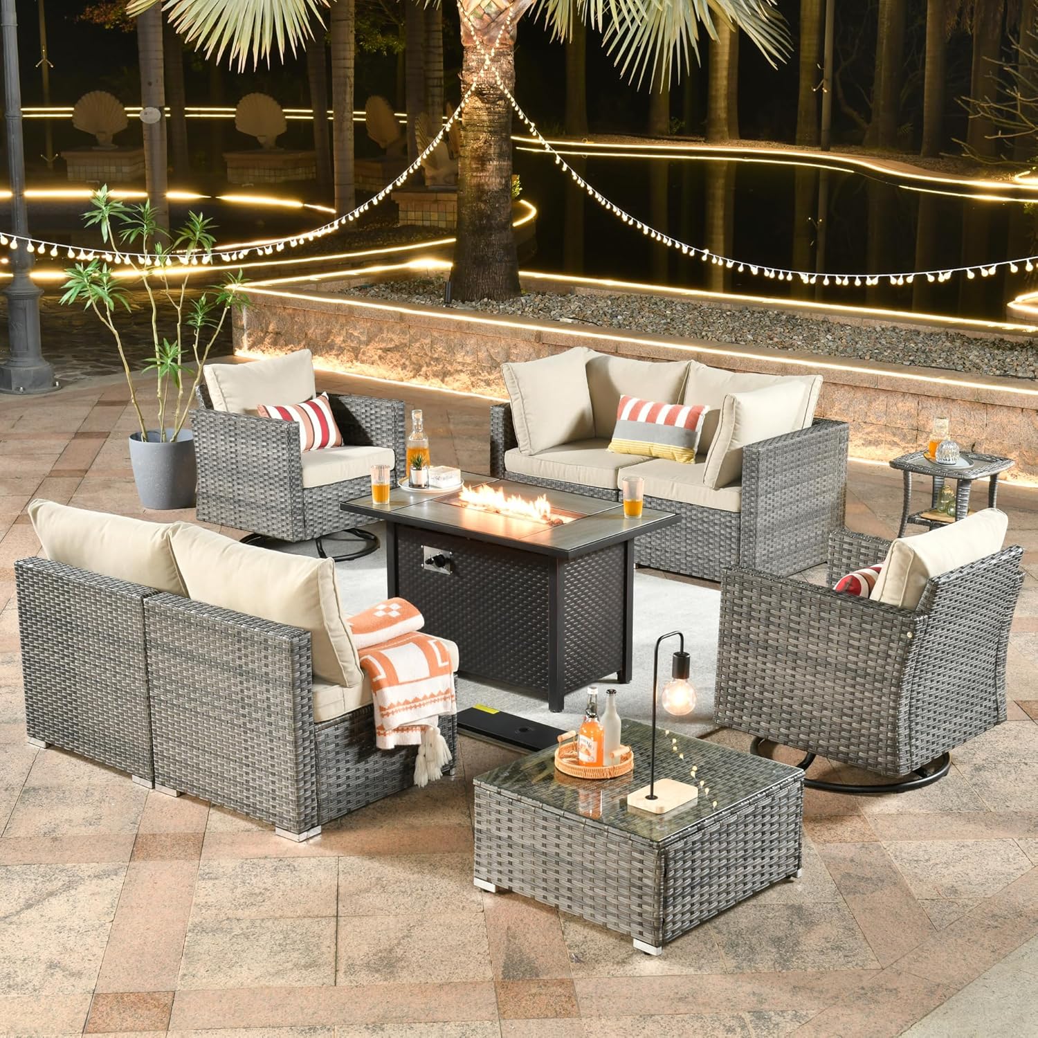 Patio Rattan Furniture Set 9-Piece Outdoor PE Wicker Conversation Couch, Gray Sectional Sofa Couch with Fire Pit, Outdoor Furniture with Rocker Chair