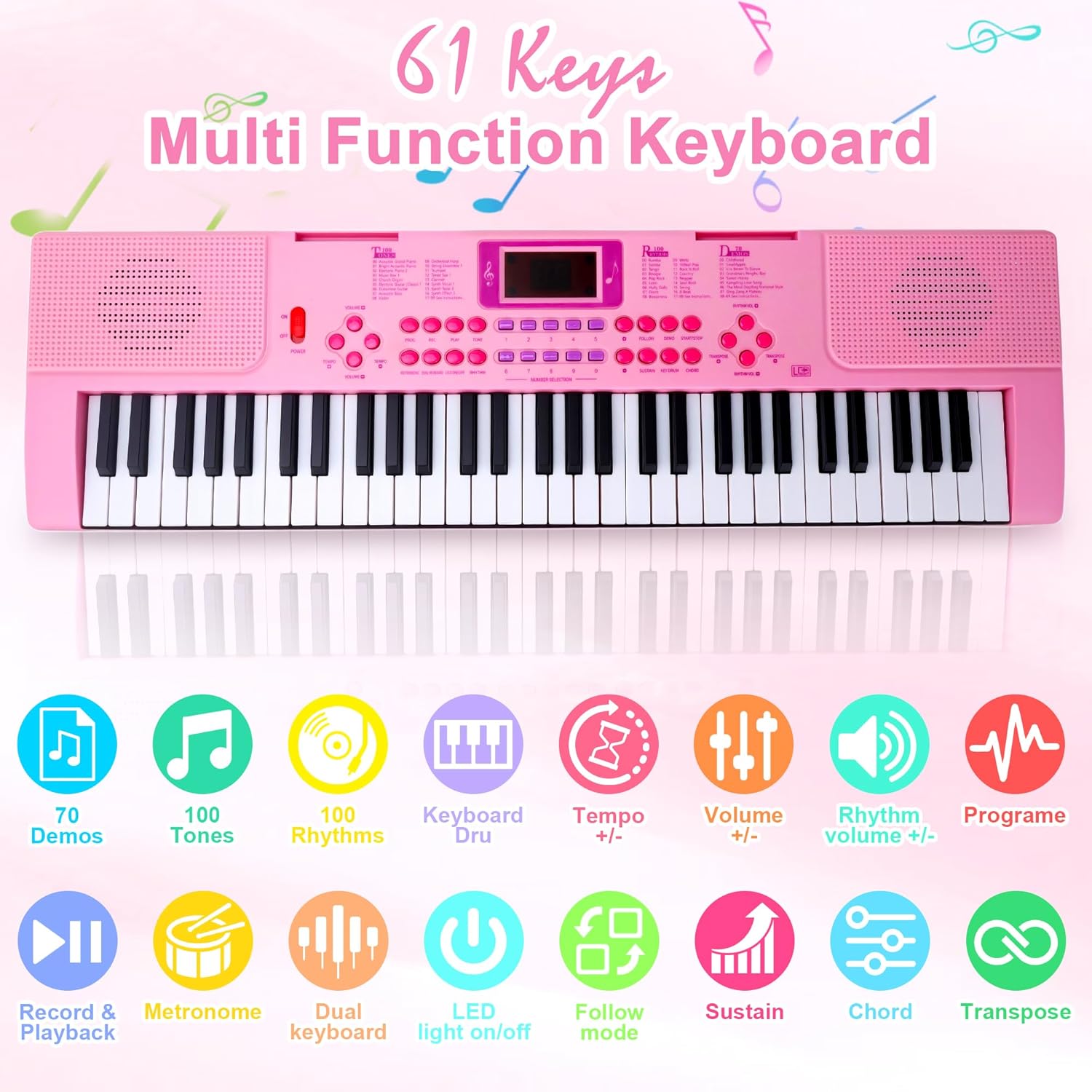 Kids Keyboard Piano, 61 Light-up Key Electric Piano Musical Learning Toy for Beginners with Microphone, Music Stand, Notekey Sticker, Birthday Xmas Gift for 3-10 Years Old, Pink