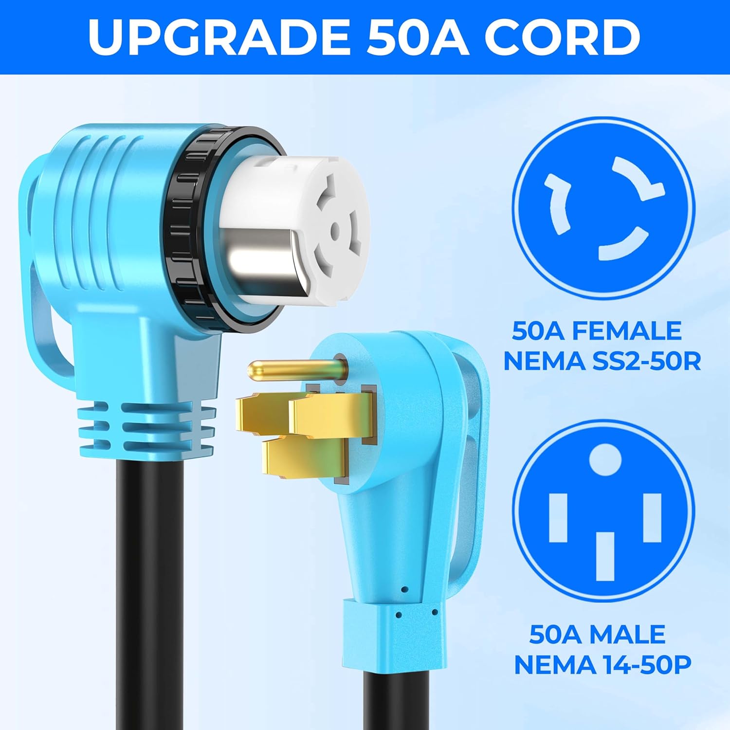 15 Feet 50 Amp RV/Generator Cord, UL Listed, 100% Copper Wire, Newly Designed 90°Grip Handle, NEMA 14-50P to SS2-50R Twist Lock, 6/3+8/1 Gauge STW Wire