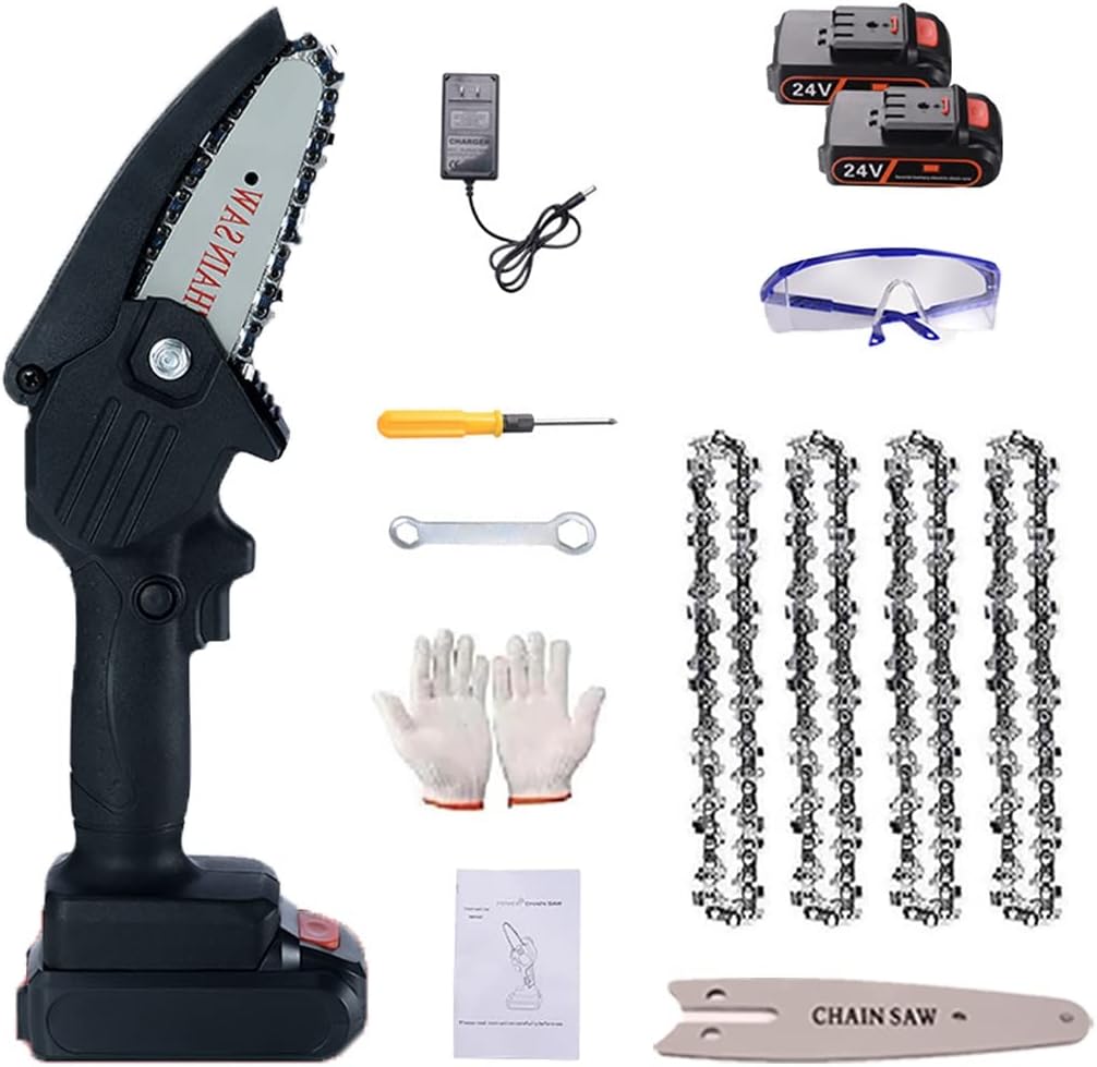 Mini Chainsaw, 4-Inch Battery Powered Cordless Chainsaw, Portable One-Handed Rechargeable Electric Chainsaw for Tree Trimming Branch Wood Cutting (Color : Black, Battery *1 : 4*Chain)